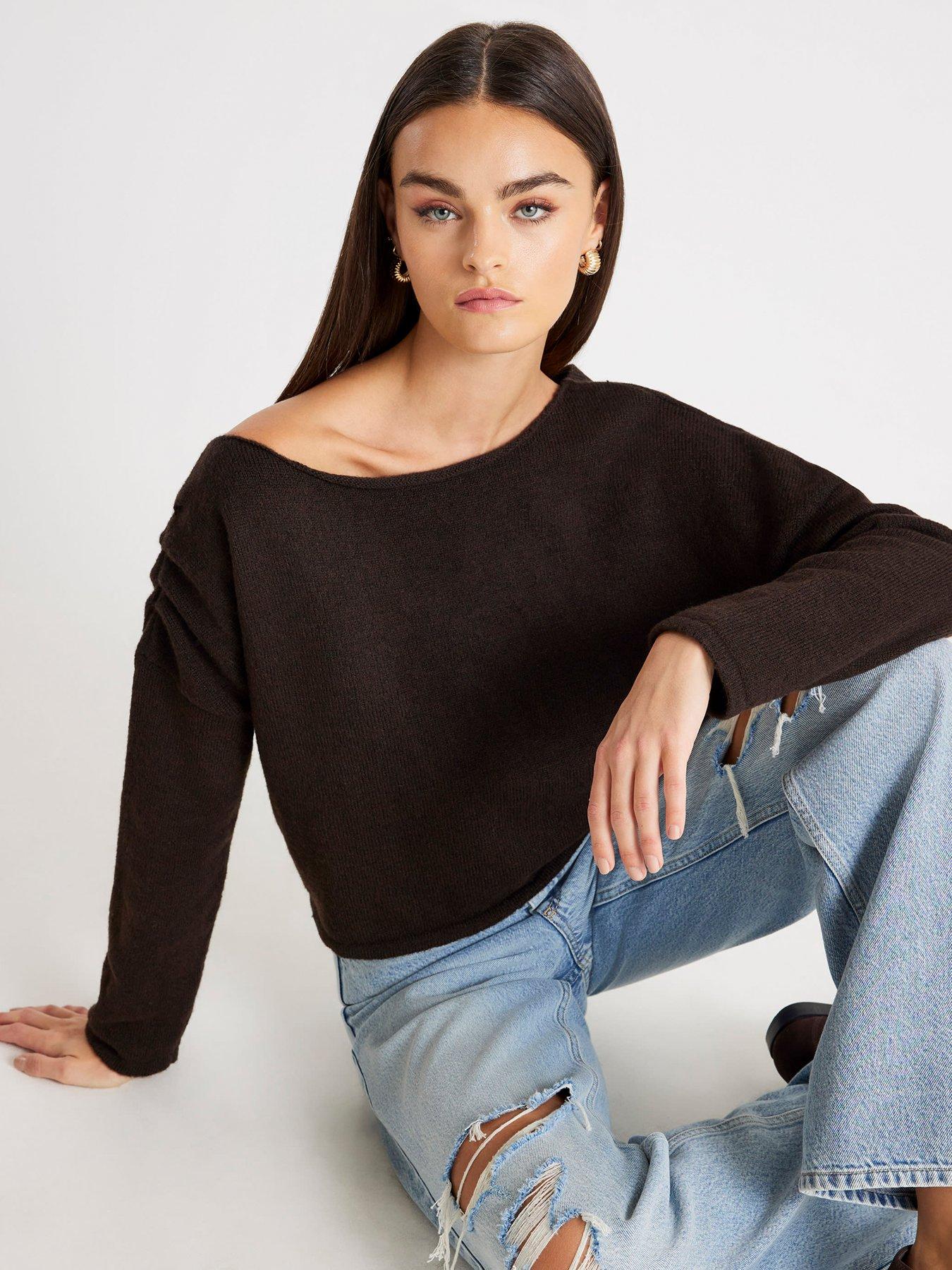 River Island Knitted Off The Shoulder Jumper - Brown