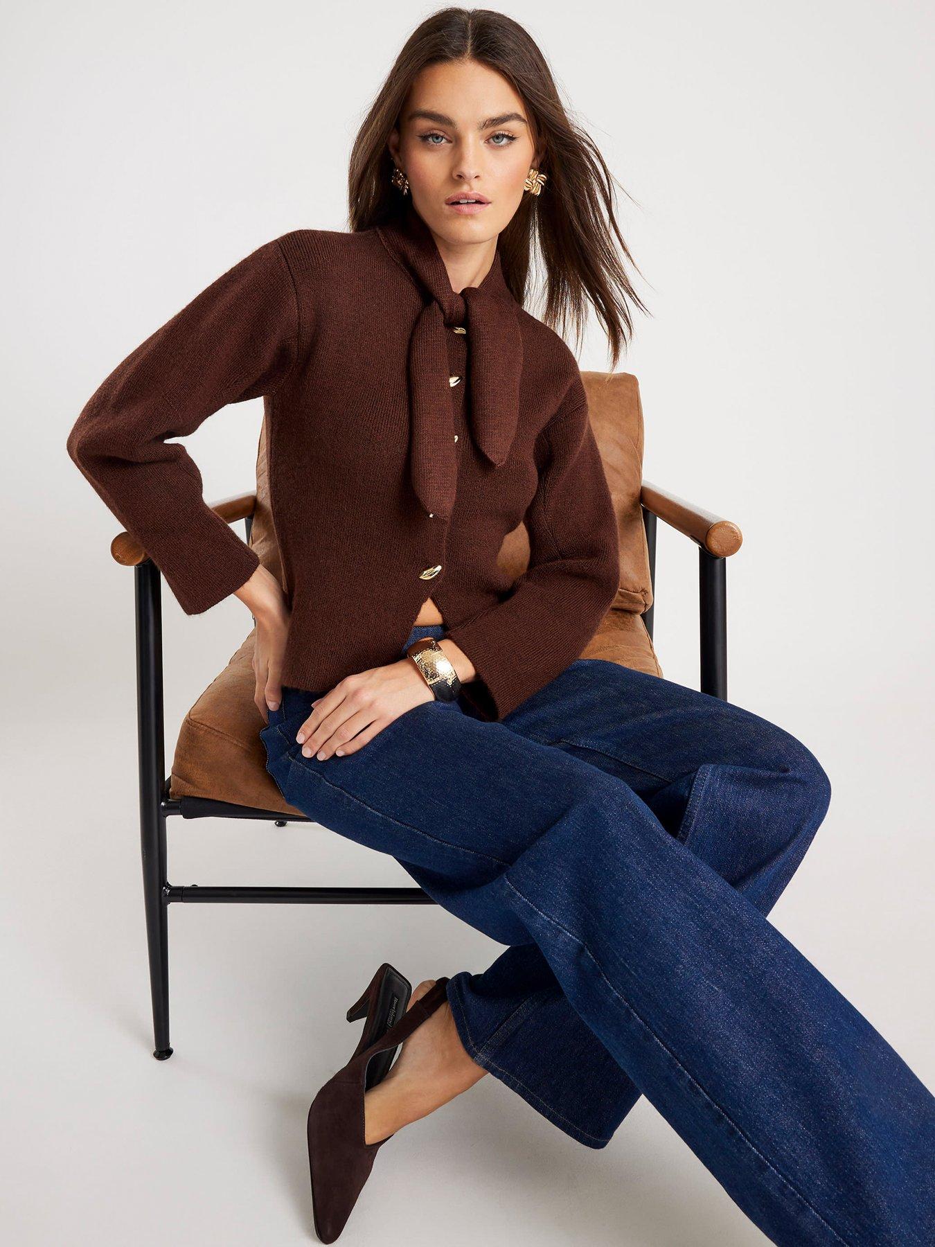 River Island Knitted Tie Neck Cardigan - Brown