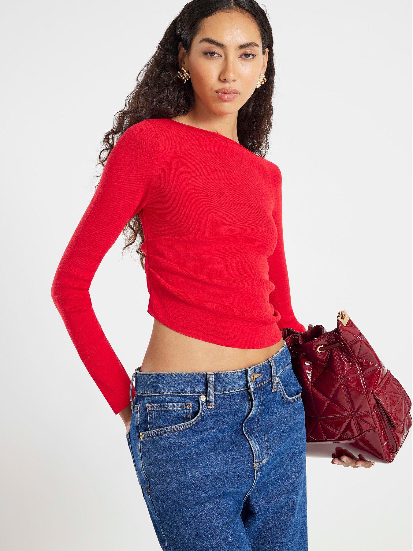 River Island Long Sleeve Fitted Off Shoulder Top - Red