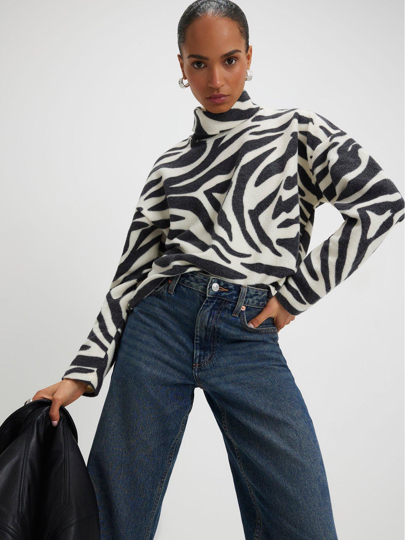 River Island Cosy Zebra Print Long Sleeve Top - White/Black