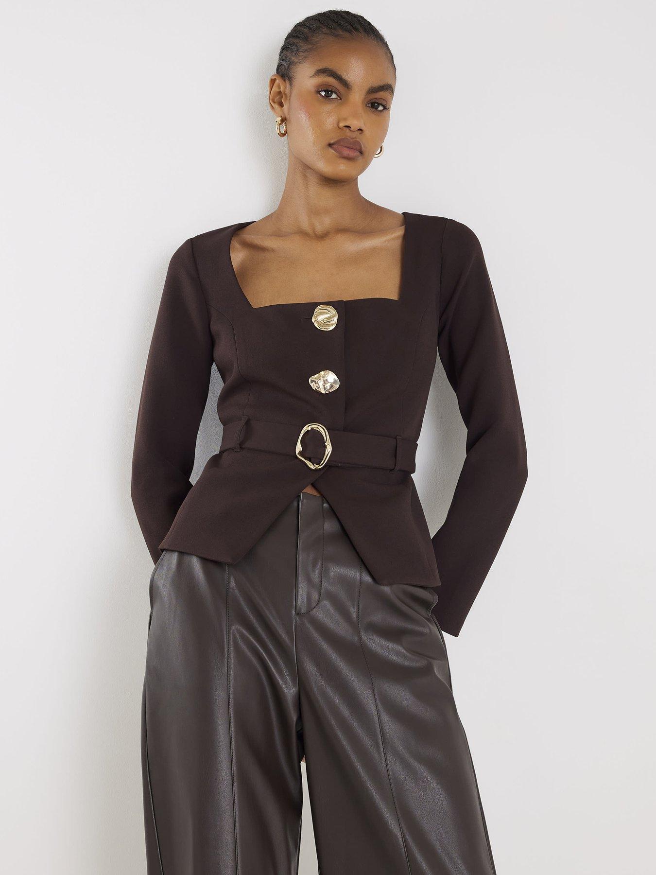 River Island Long Sleeve Belted Mixed Button Blazer - Brown