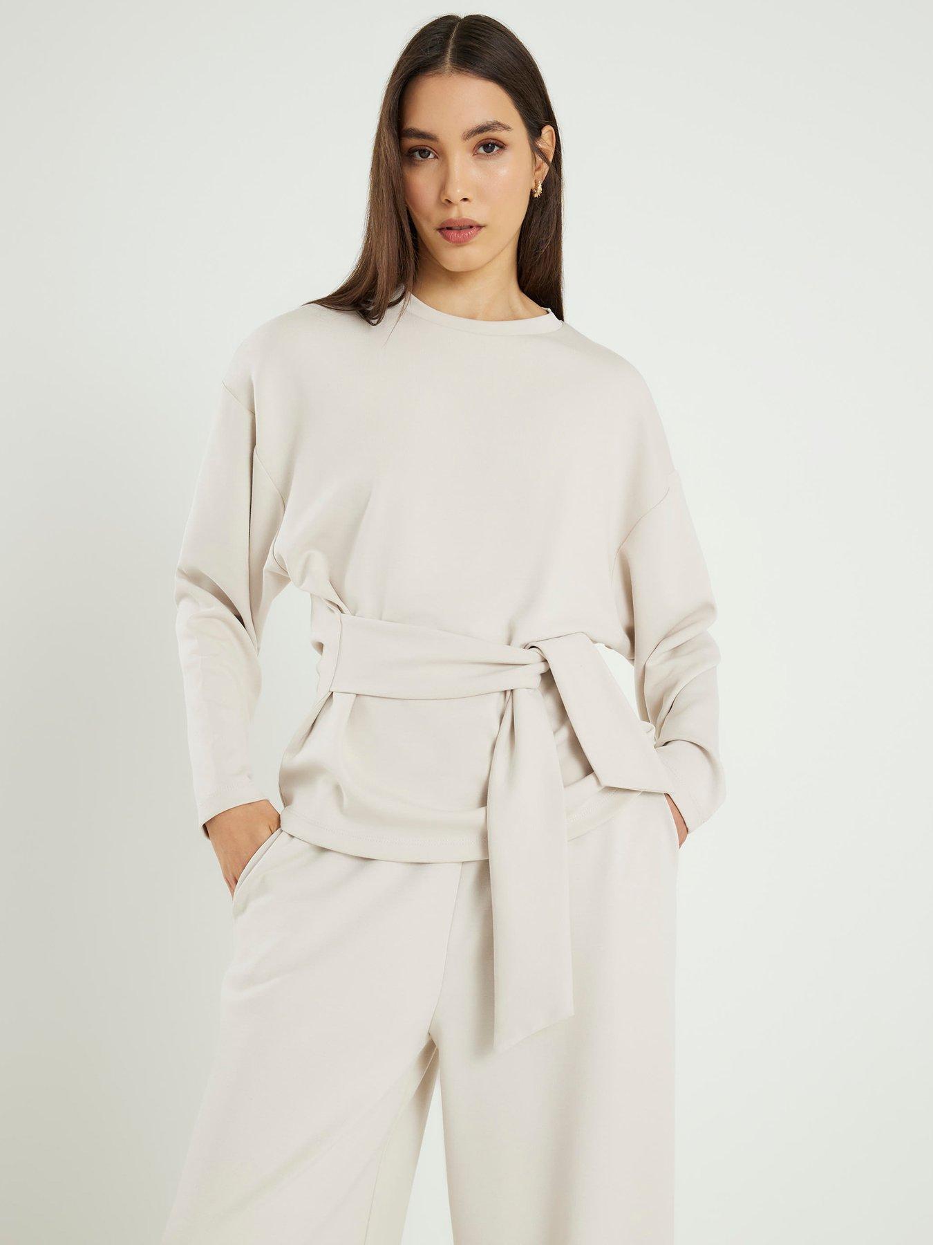 River Island Premium Long Sleeve Tie Front Top - Cream