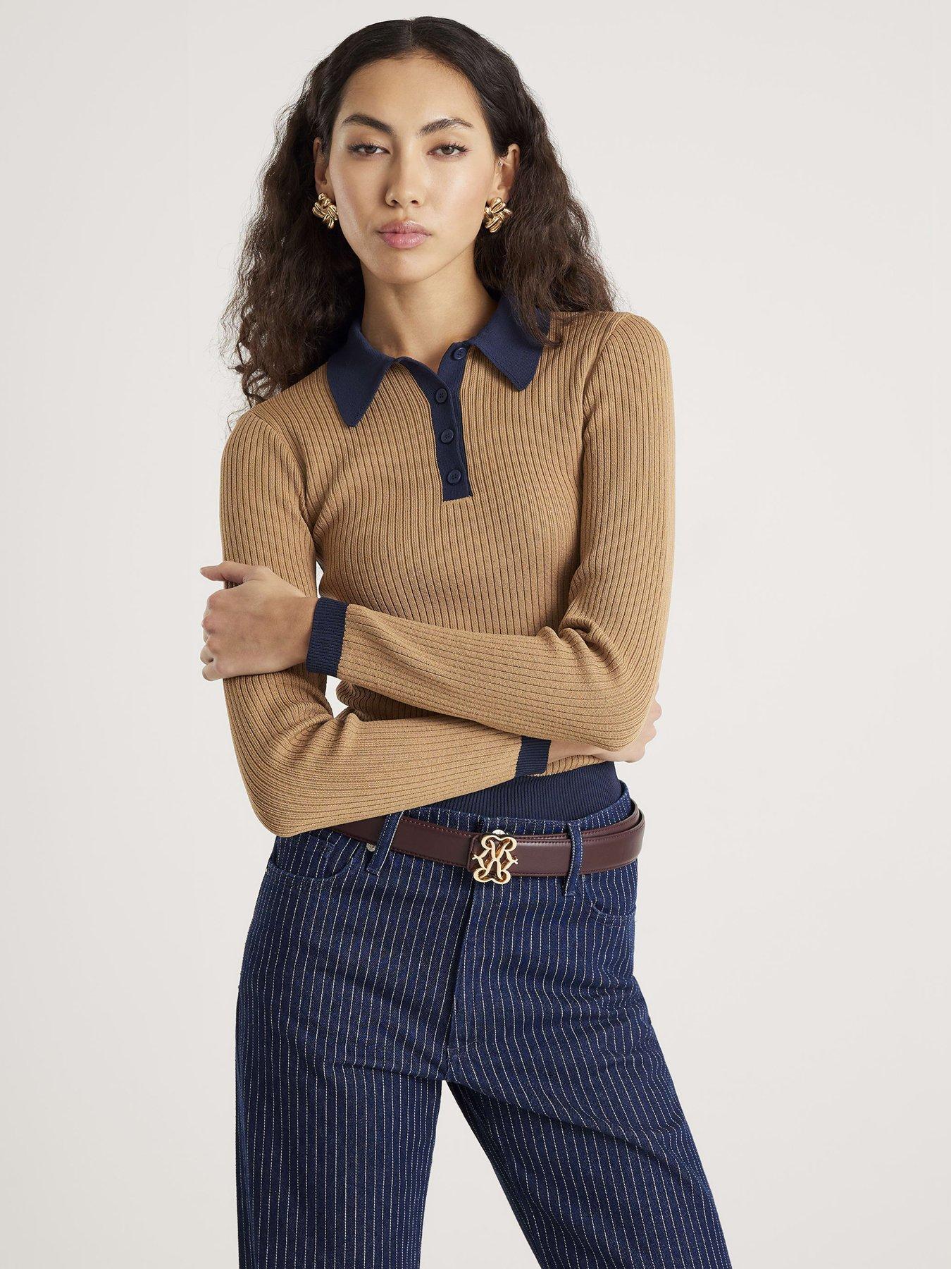 River Island Knit Long Sleeve Ribbed Polo Top - Brown