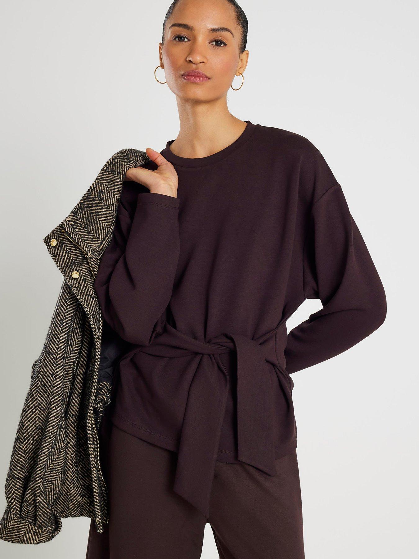 River Island Premium Long Sleeve Tie Front Top - Brown