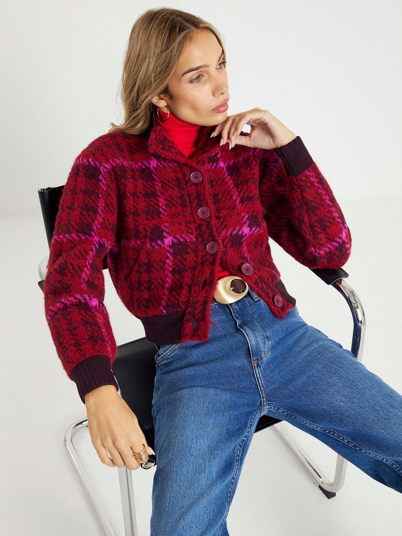 River Island Knitted Check Bomber Jacket - Red