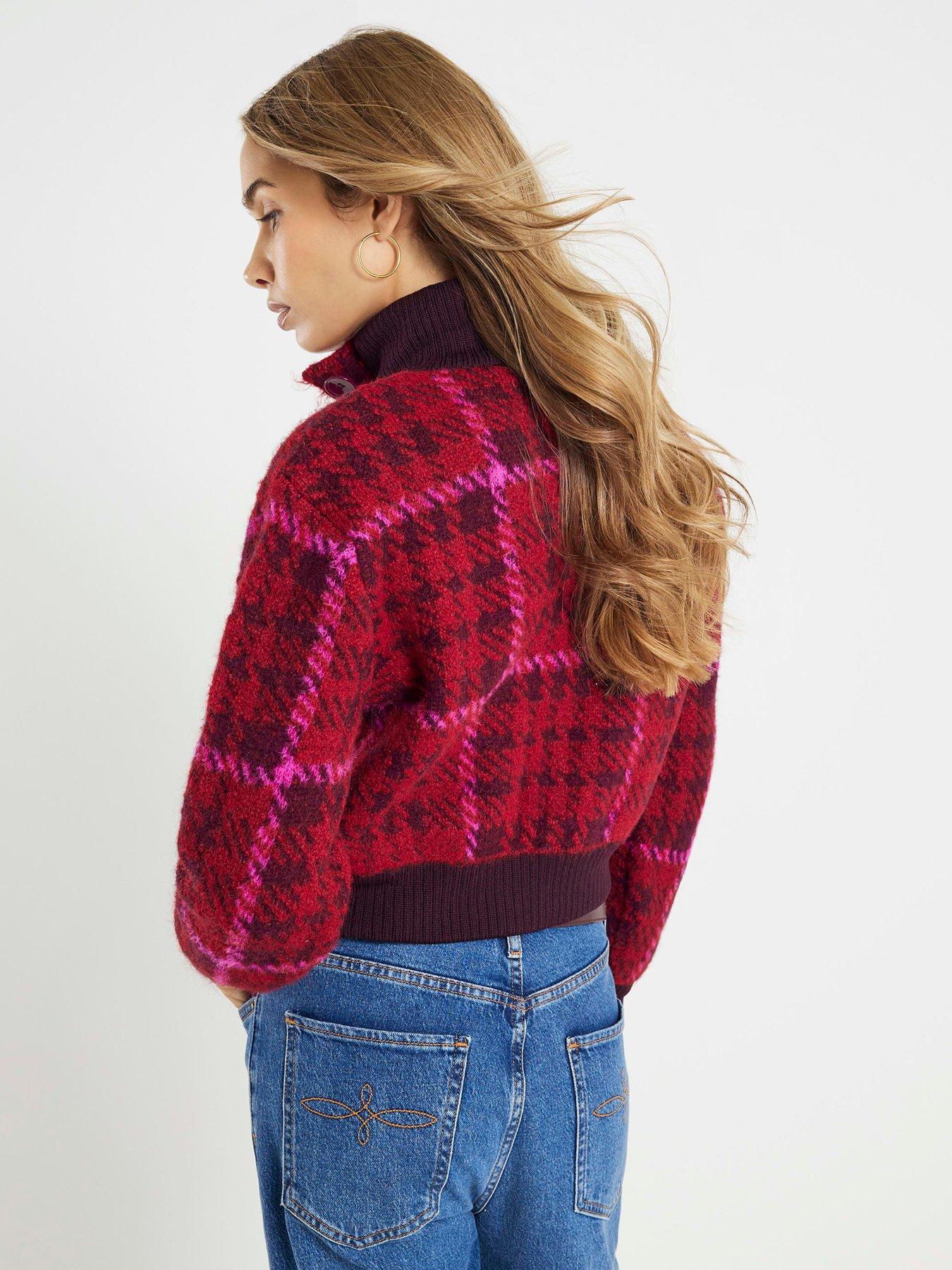 Image 2 of 4 of River Island Knitted Check Bomber Jacket - Red