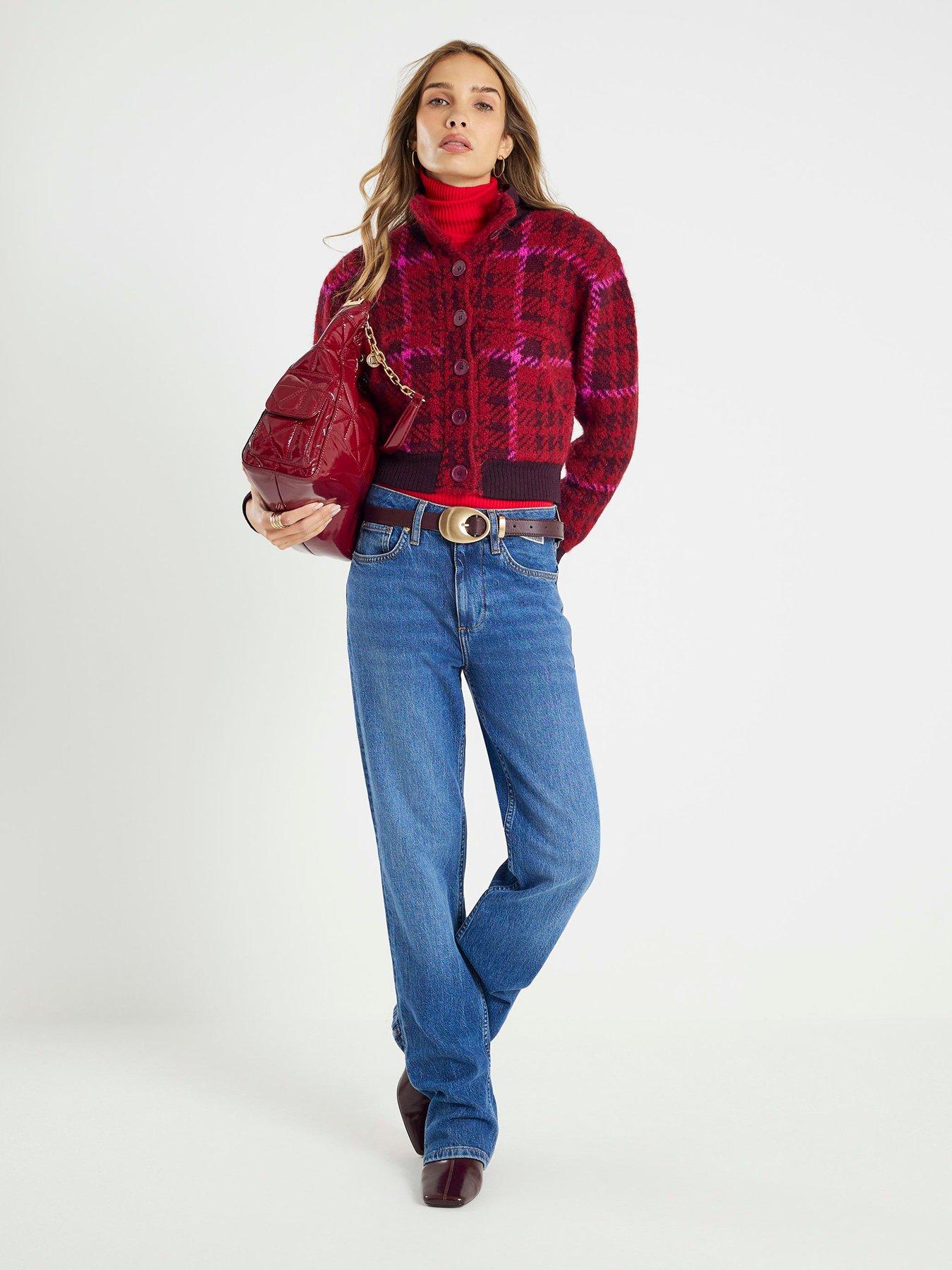 Image 3 of 4 of River Island Knitted Check Bomber Jacket - Red