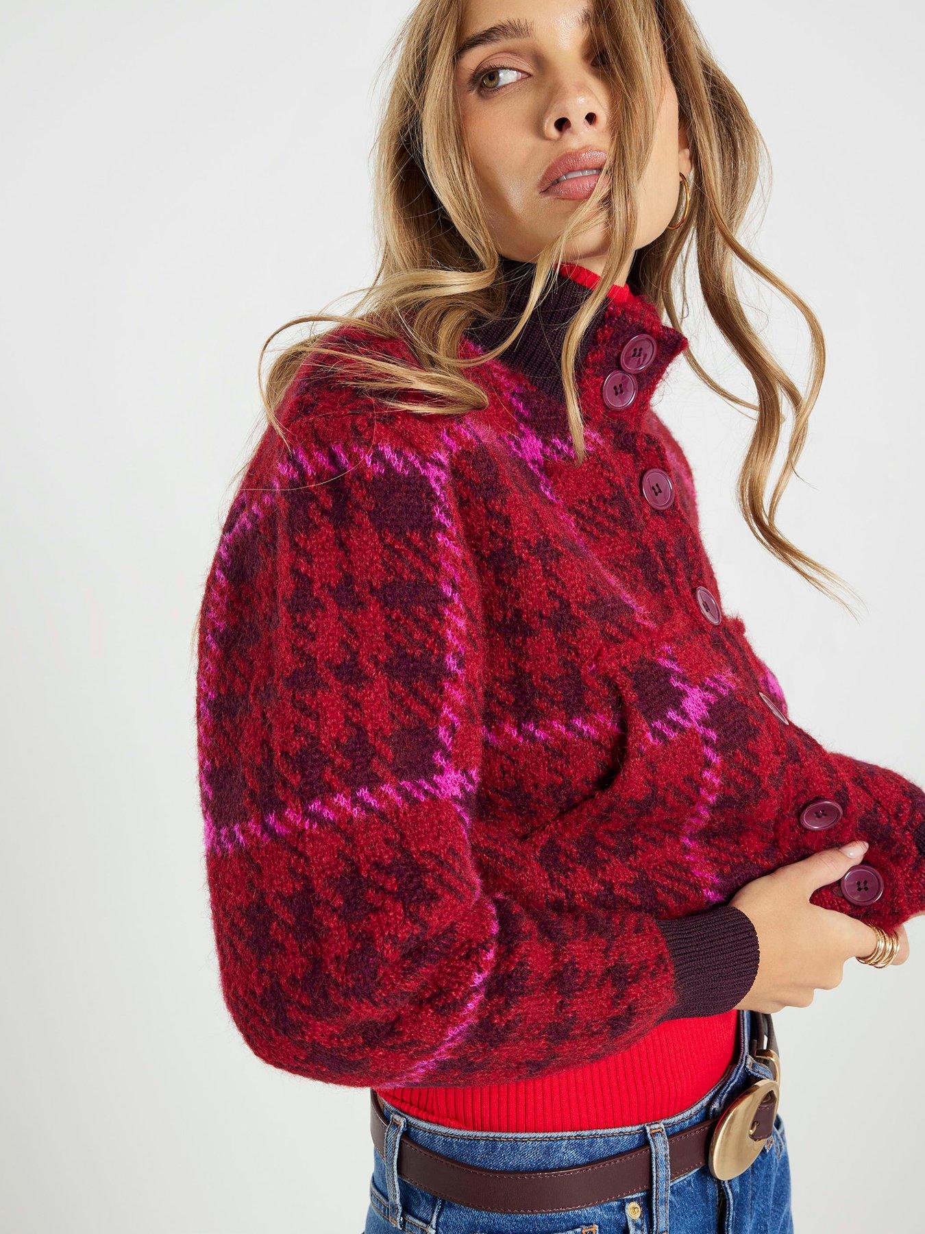Image 4 of 4 of River Island Knitted Check Bomber Jacket - Red