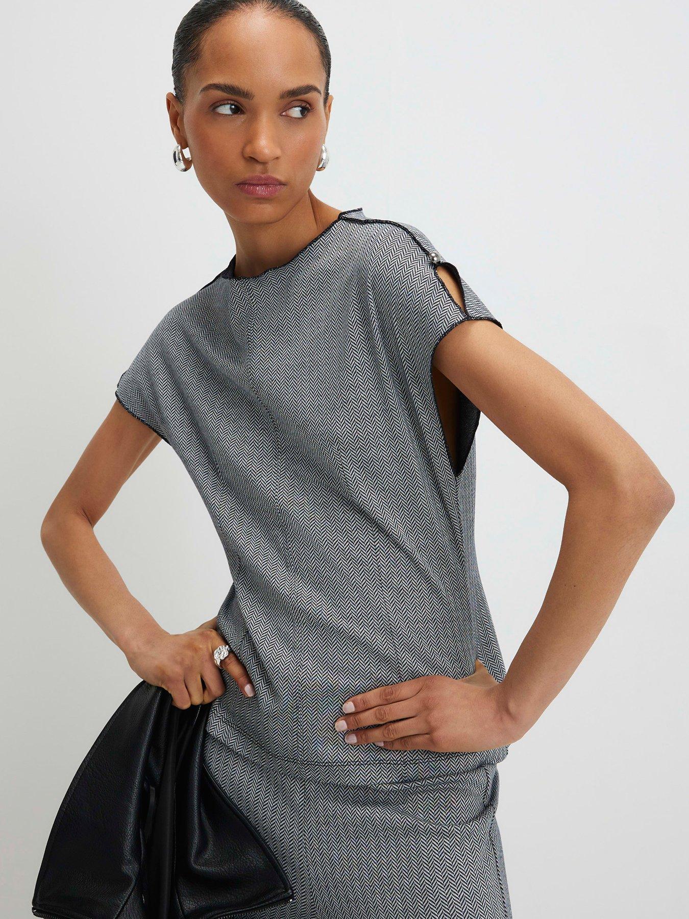 River Island Short Sleeve Herringbone Interlock Top - Grey