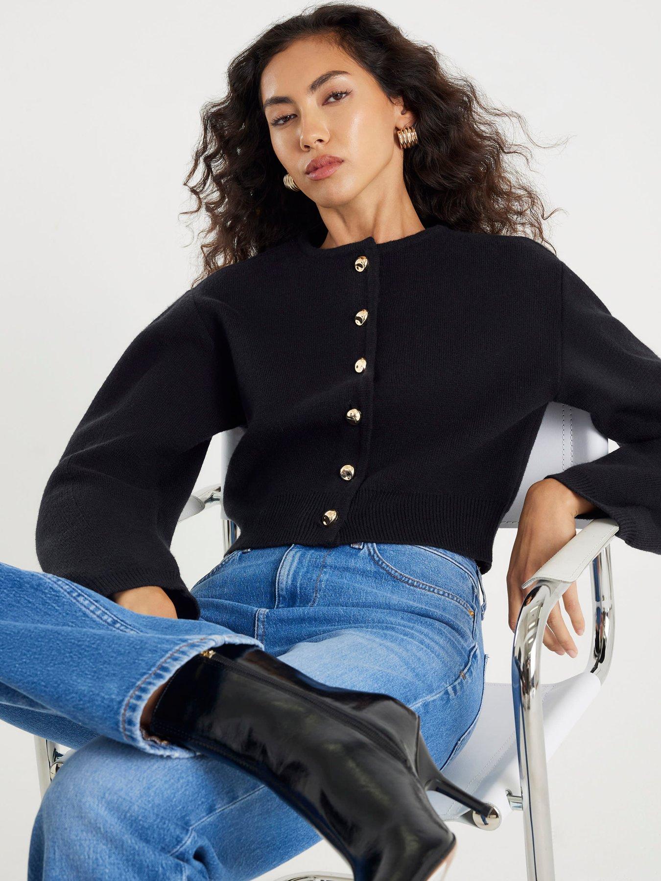 Image 4 of 4 of River Island Knitted Structured Sleeve Cardigan - Black