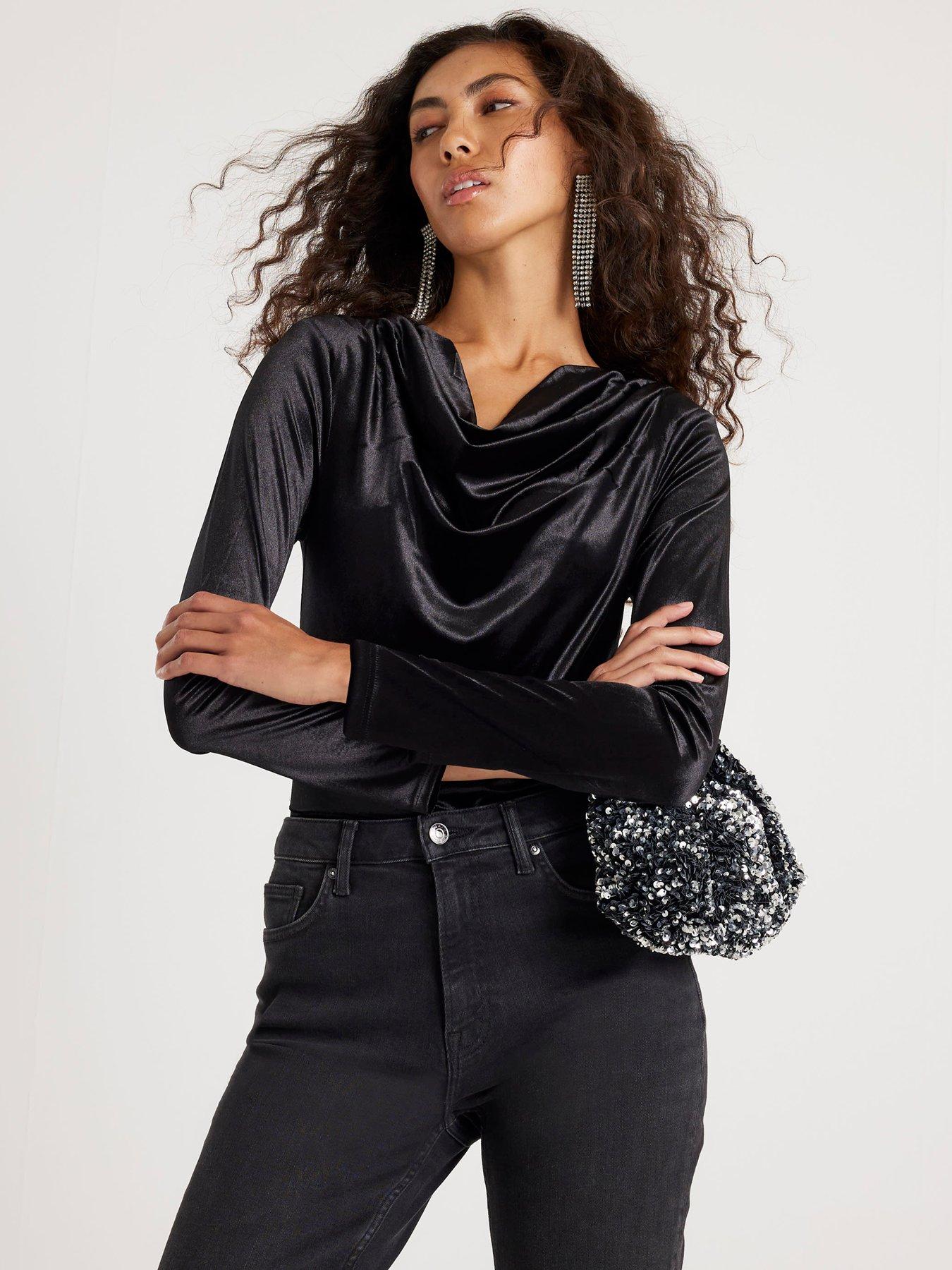 River Island Velvet Long Sleeve Cowl Neck Bodysuit - Black