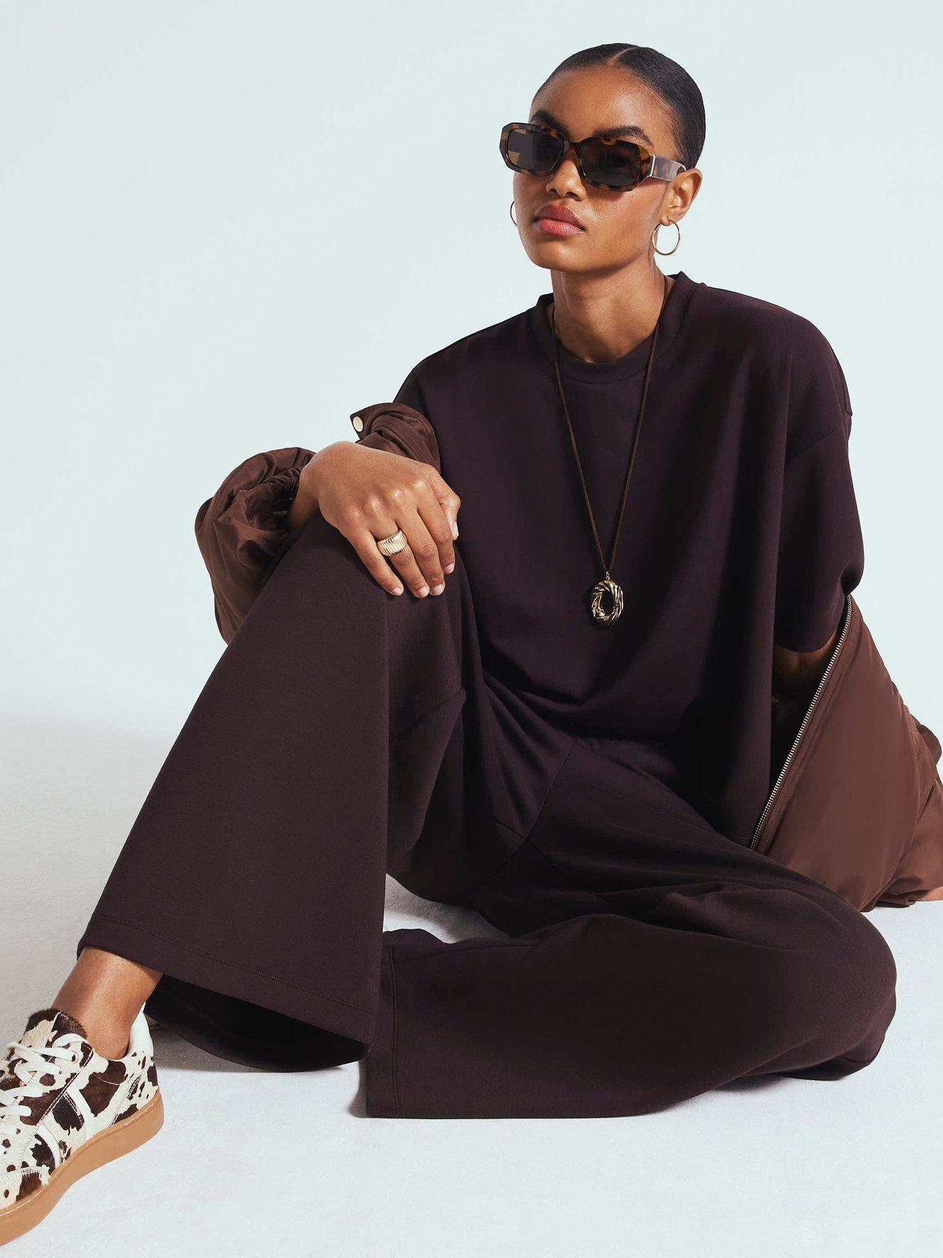 River Island High Waisted Premium Wide Leg Joggers - Brown