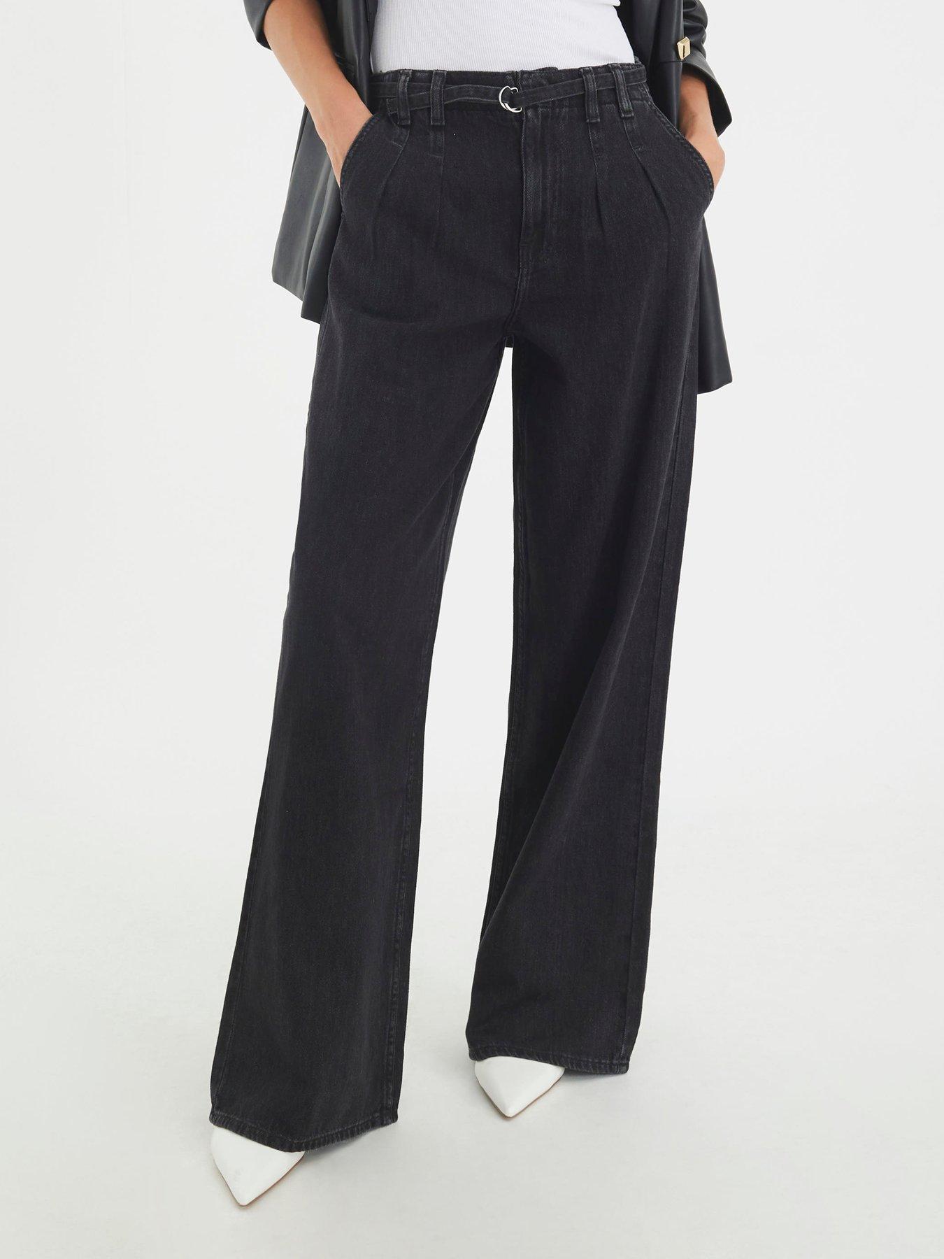River Island Mid Rise Wide Leg Tie Front Jeans - Black