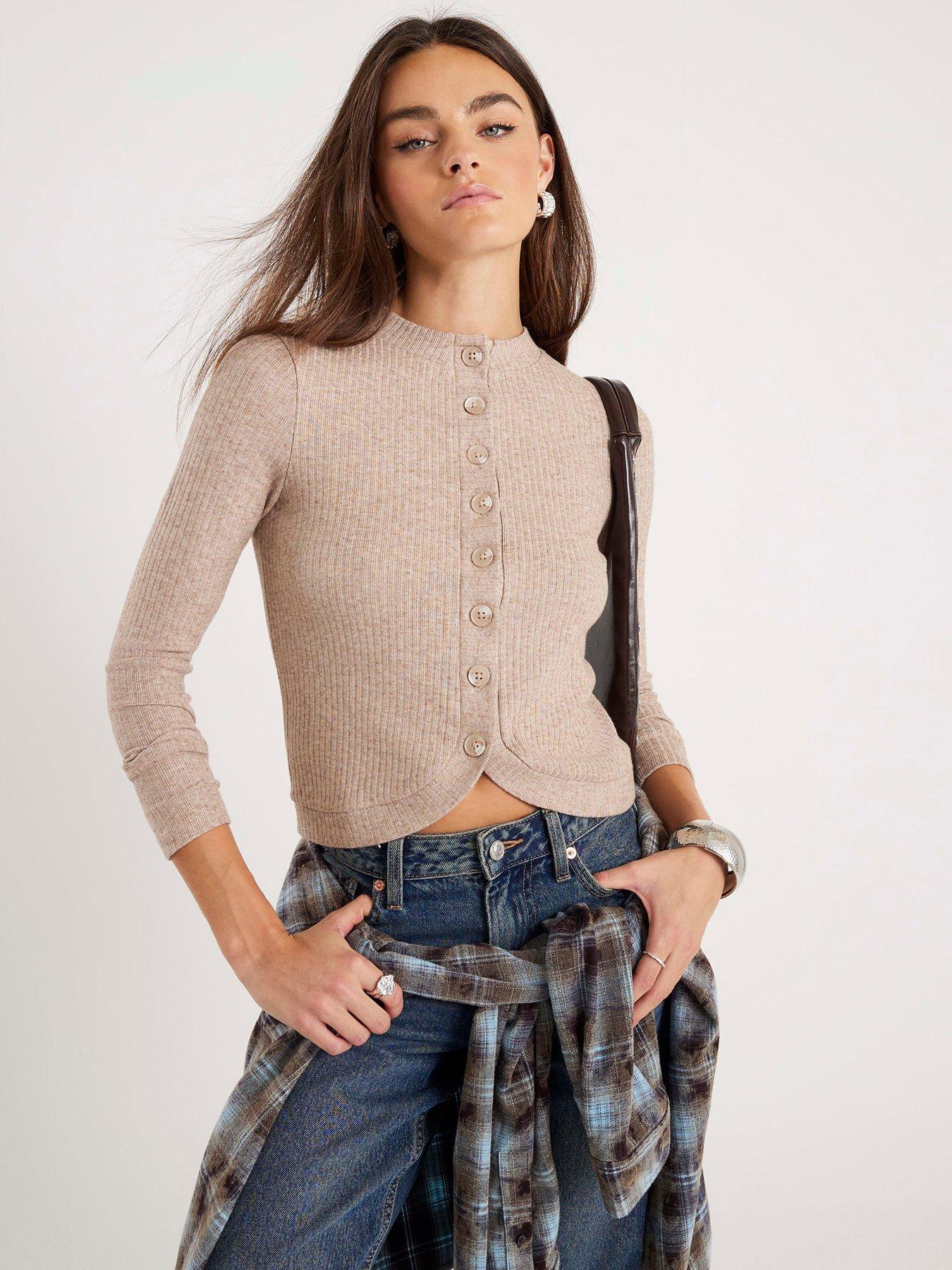 River Island Long Sleeve Curved Hem Top - Beige