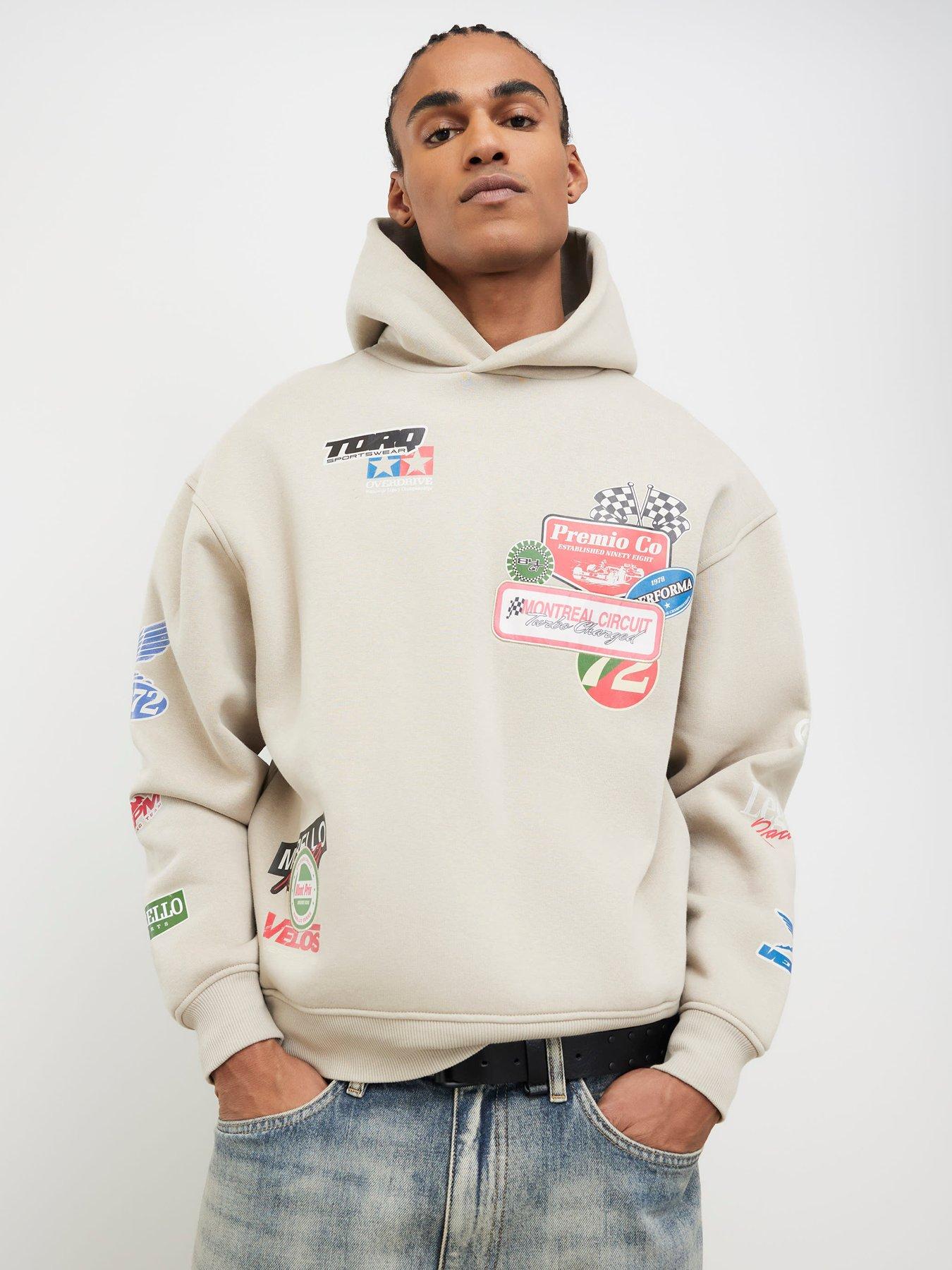River Island Beige Oversized Fit Multi Badging Hoodie - Stone
