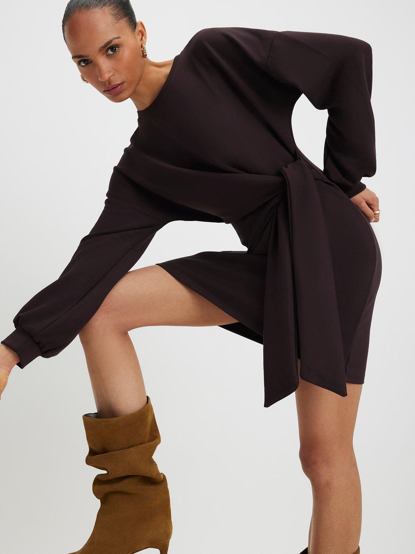Image 1 of 4 of River Island Knot Side Mini Dress - Dark Brown