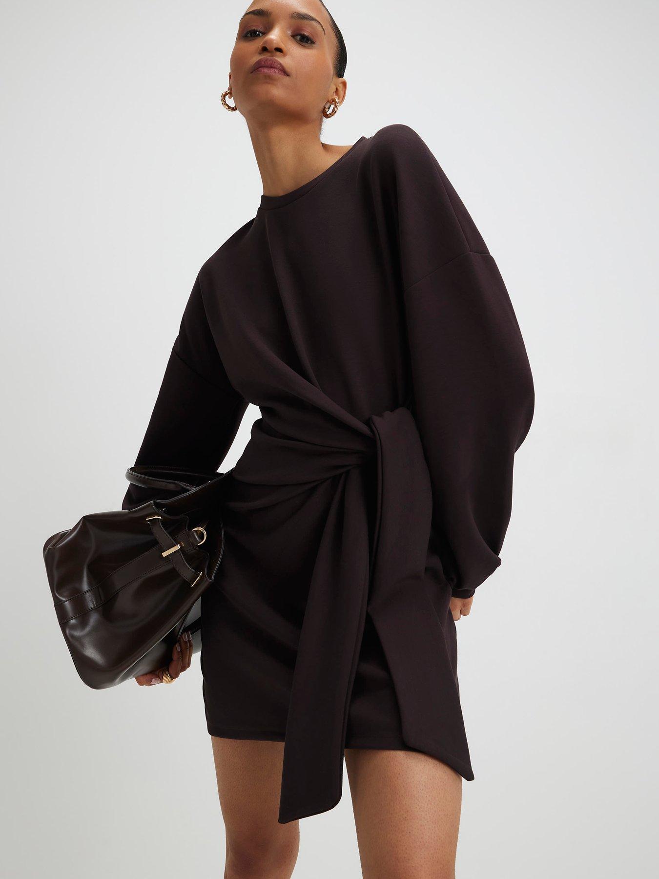 Image 4 of 4 of River Island Knot Side Mini Dress - Dark Brown
