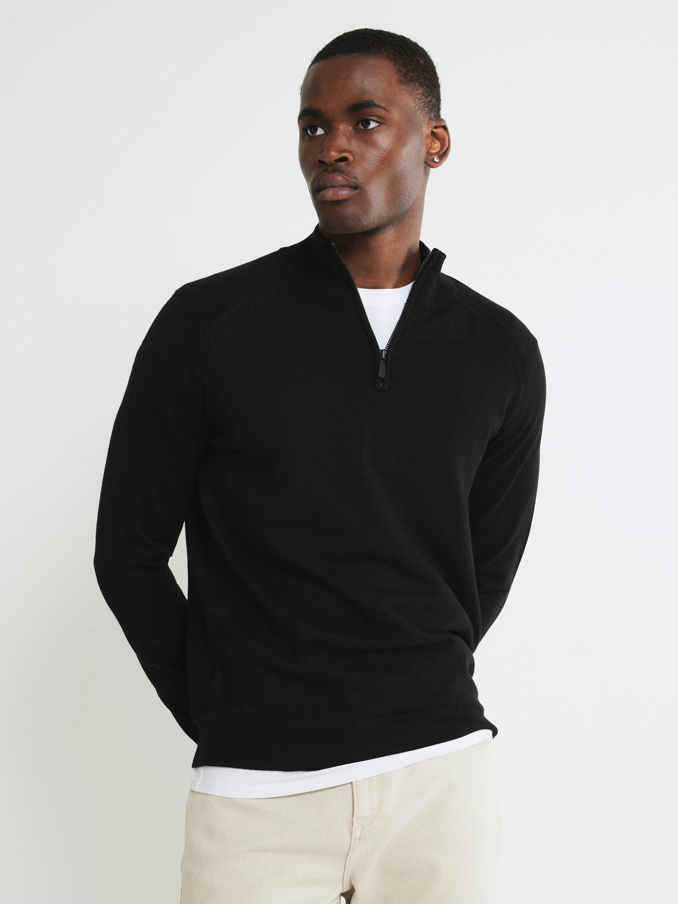 River Island Slim Fit Half Zip Jumper - Black