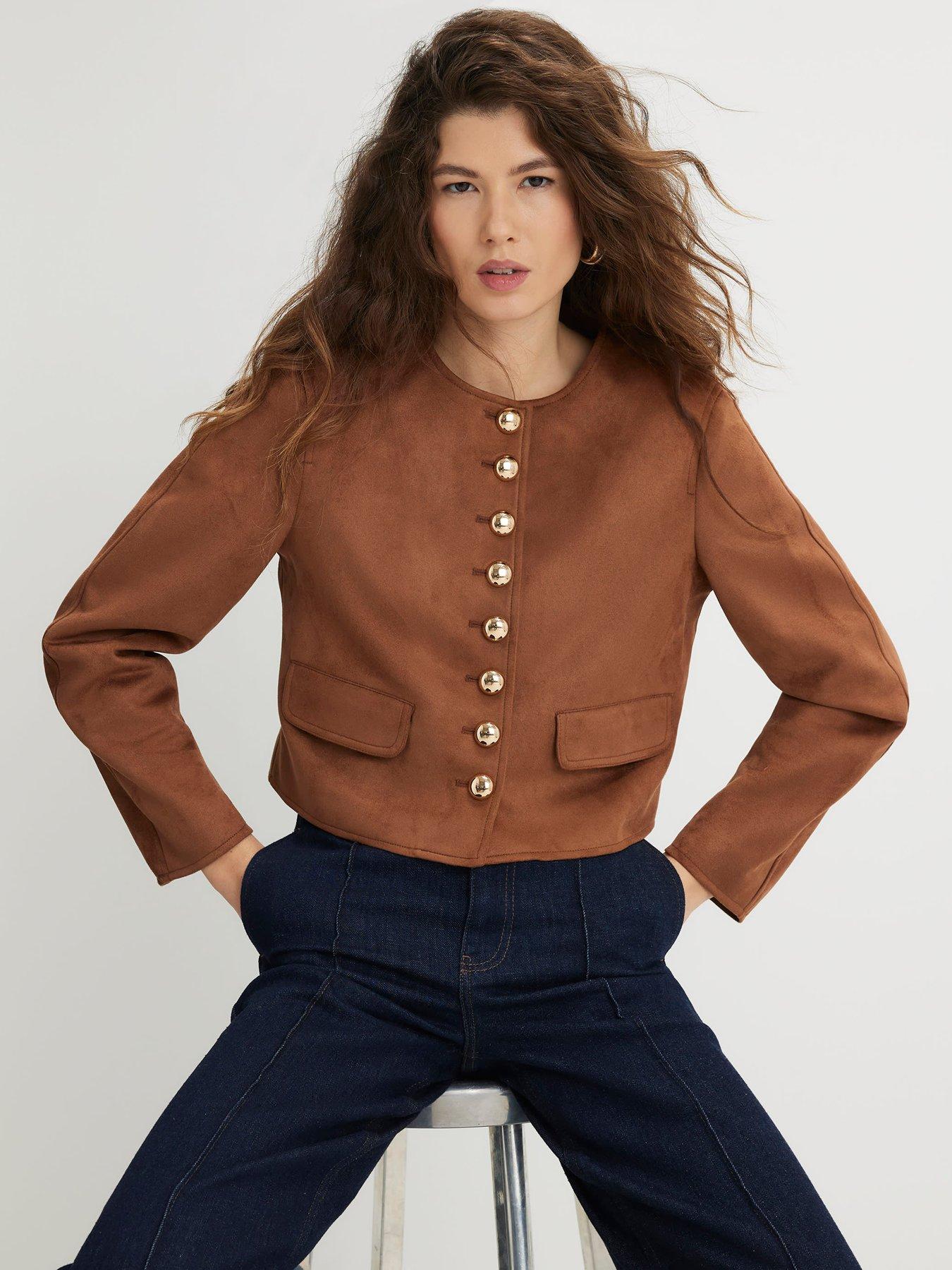 River Island Faux Suede Button Up Trophy Jacket - Light Brown