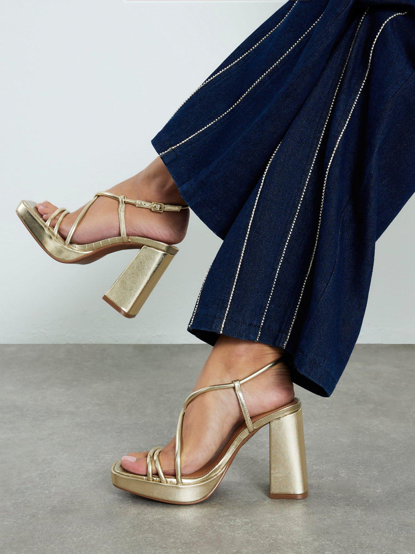 Image 1 of 5 of River Island Wide Fit Platform Heeled Sandals - Gold