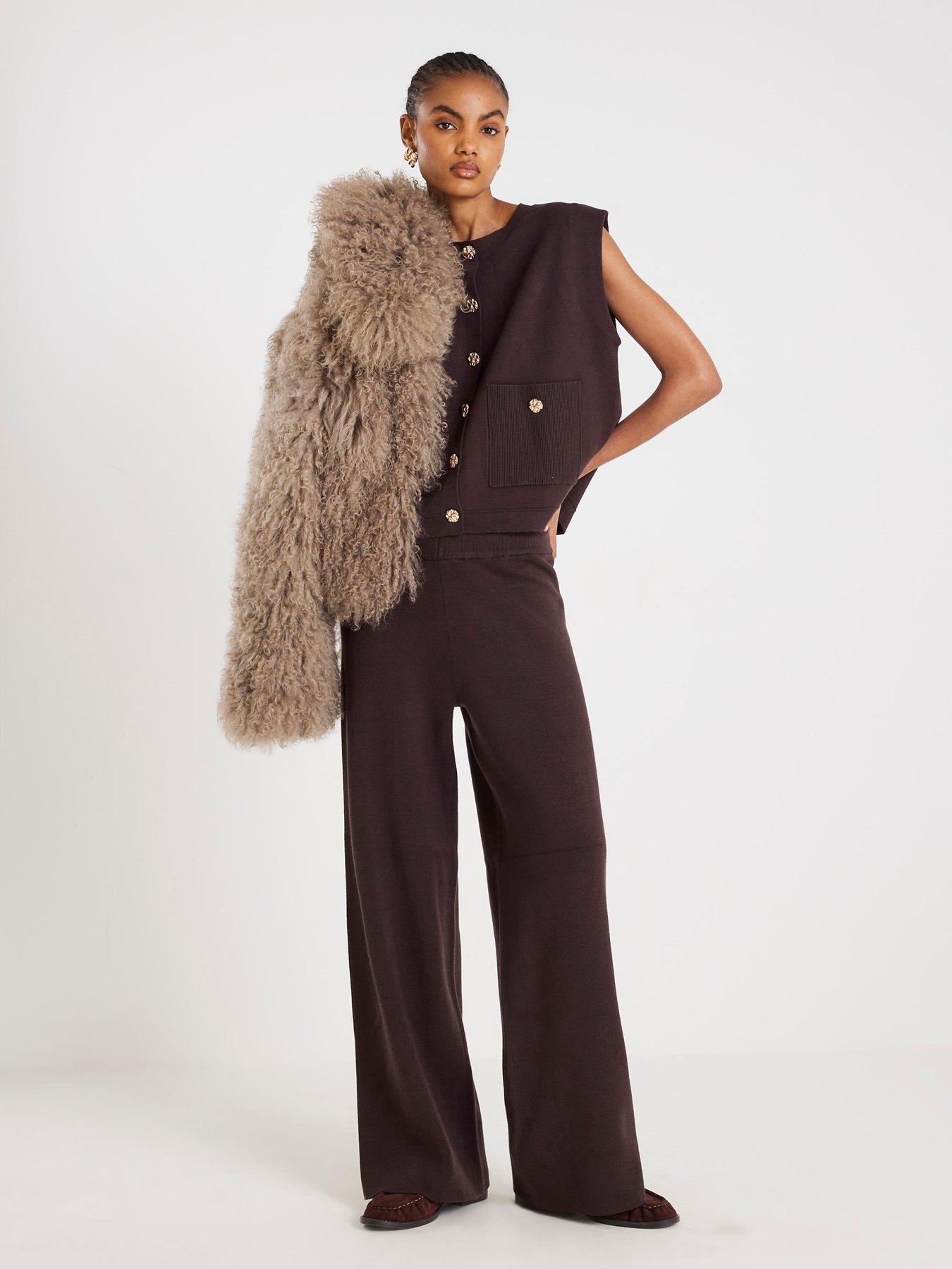 River Island Wide Leg Knitted Trousers - Dark Brown