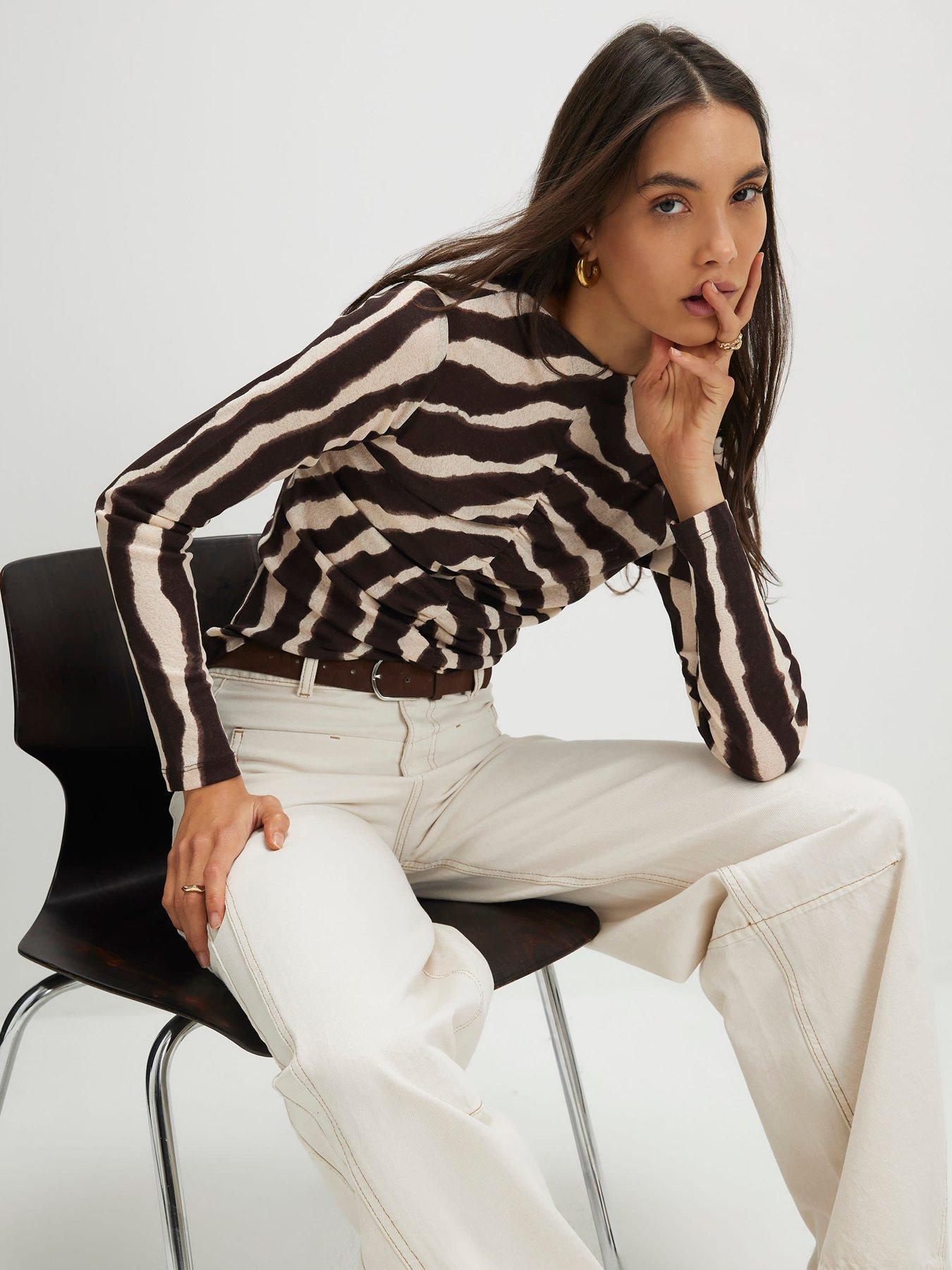 River Island Ruched Wavy Print Mesh Top - Brown