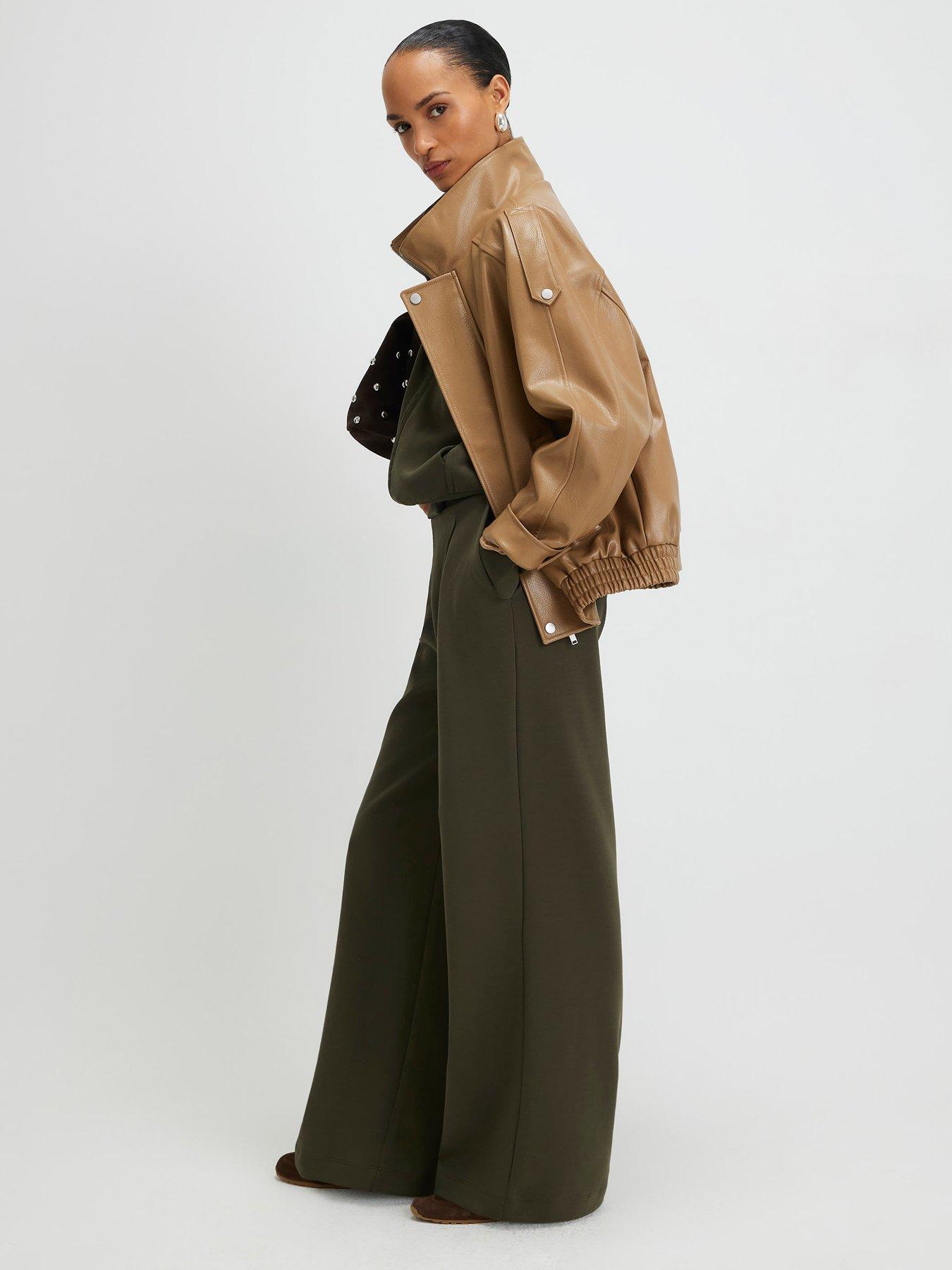 Image 3 of 4 of River Island Tailored Wide Leg Trousers - Khaki