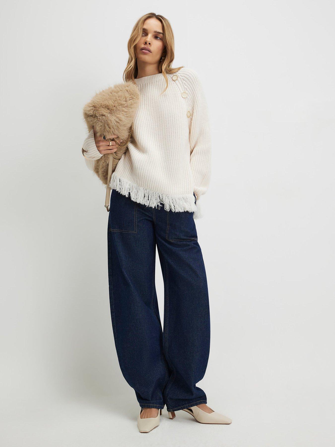 Image 3 of 4 of River Island Fringe Hem Rib Jumper - Cream