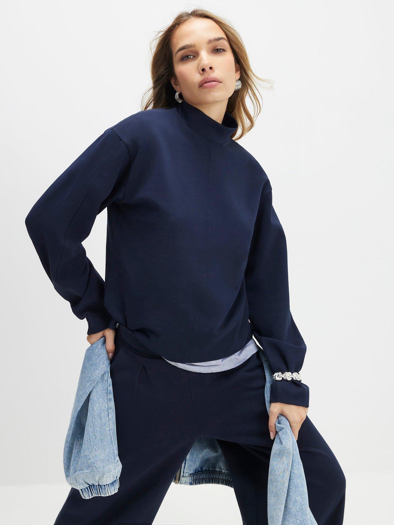 Image 1 of 4 of River Island Long Sleeve Funnel Neck Top - Navy
