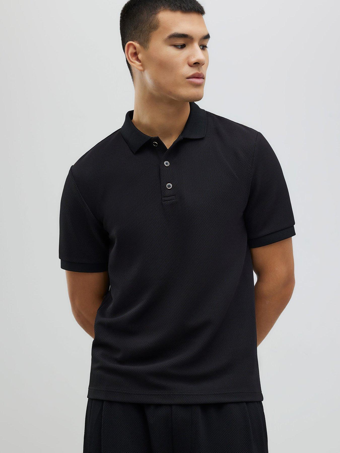 River Island Slim Fit Textured Polo Shirt, Black, Size M, Men