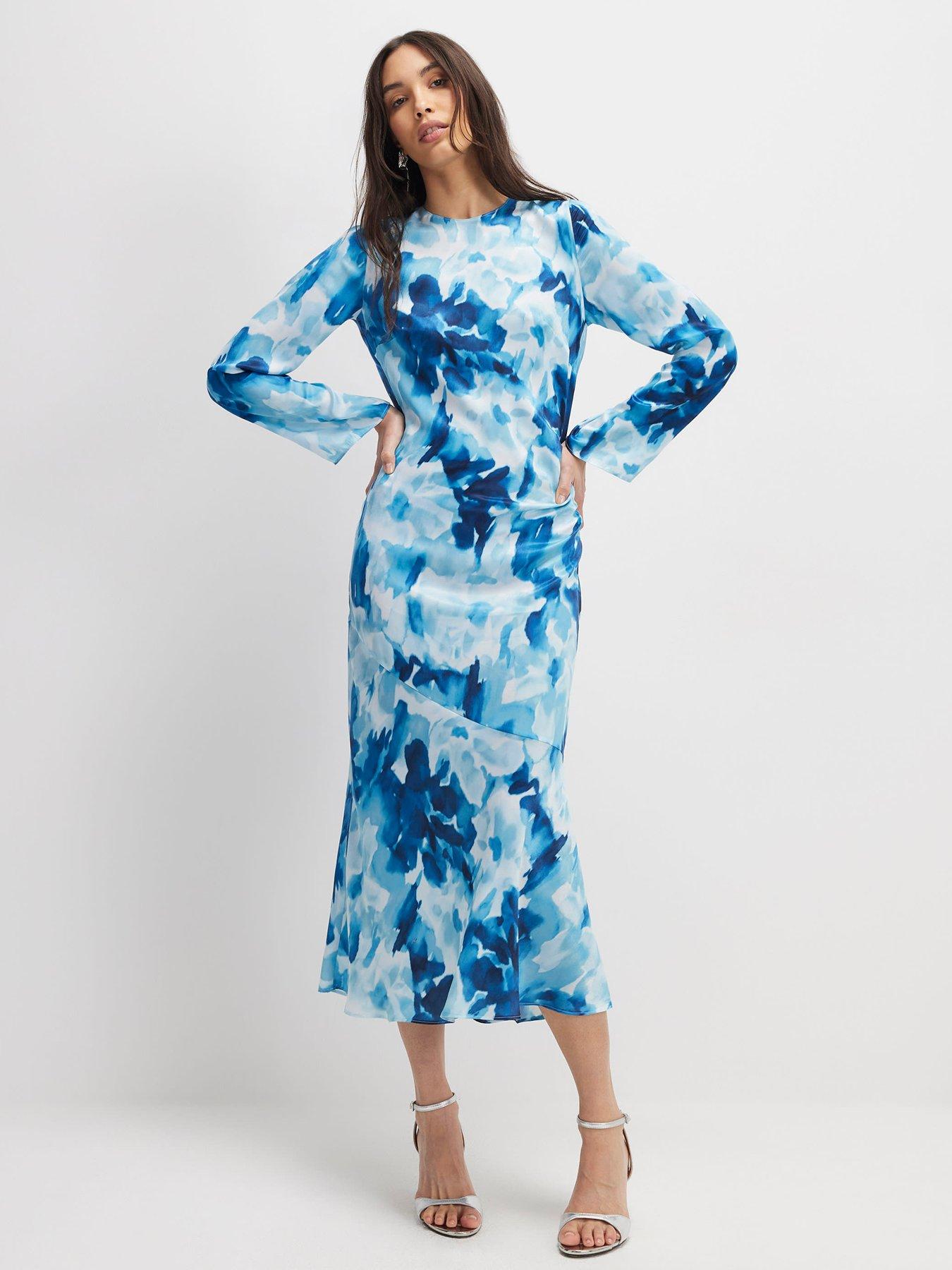 Image 1 of 4 of River Island Floral Long Sleeve Midi Dress - Blue