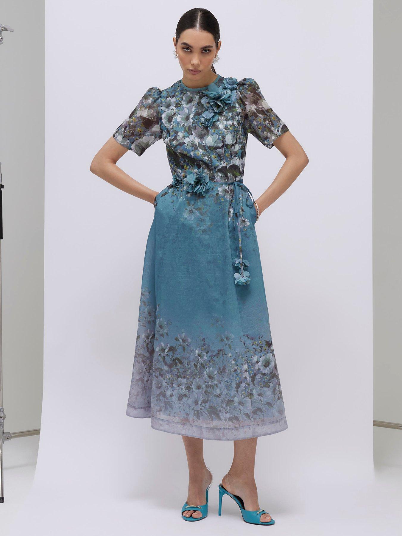 Image 1 of 4 of River Island Floral 3d Corsage Midi Dress - Blue