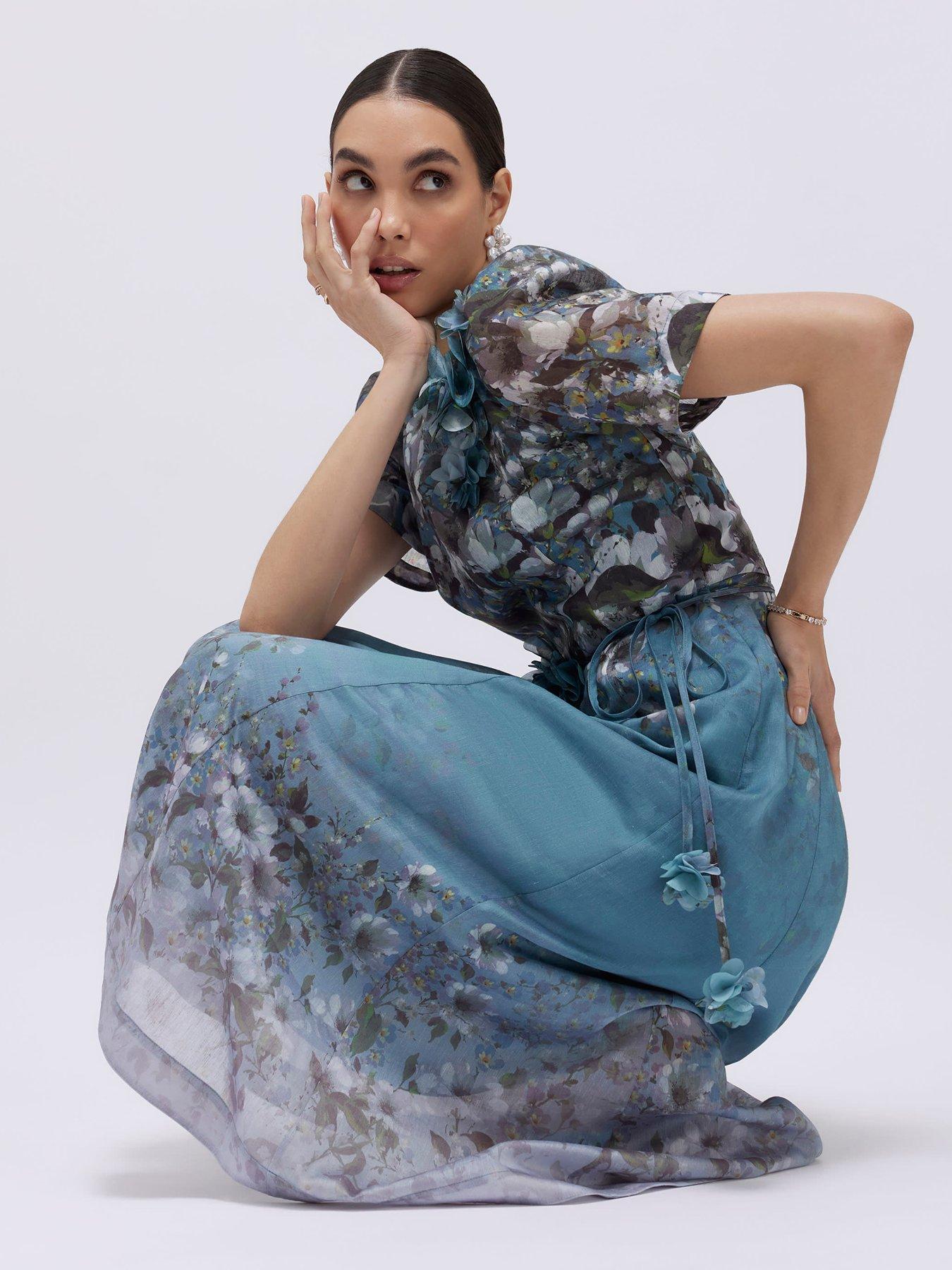 Image 3 of 4 of River Island Floral 3d Corsage Midi Dress - Blue