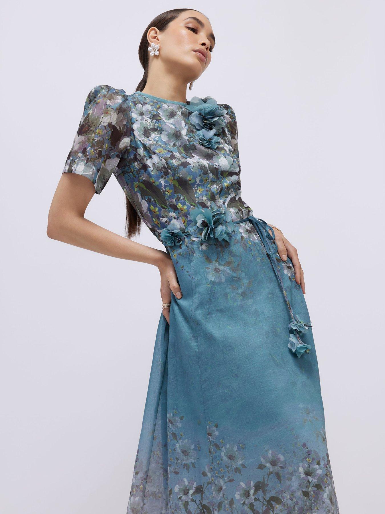 Image 4 of 4 of River Island Floral 3d Corsage Midi Dress - Blue