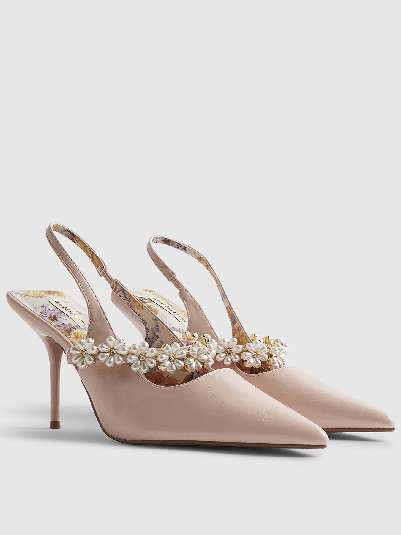 Image 2 of 3 of River Island Pearl Flower Slingback Court Heels - Pink