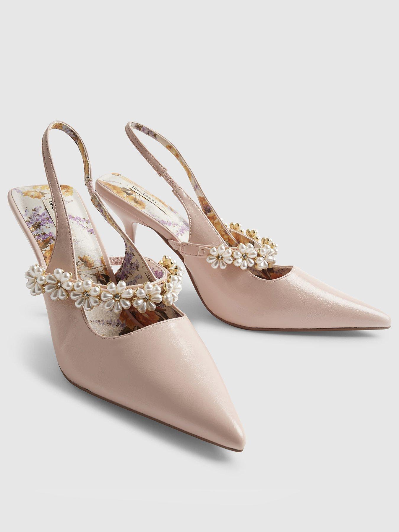 Image 3 of 3 of River Island Pearl Flower Slingback Court Heels - Pink