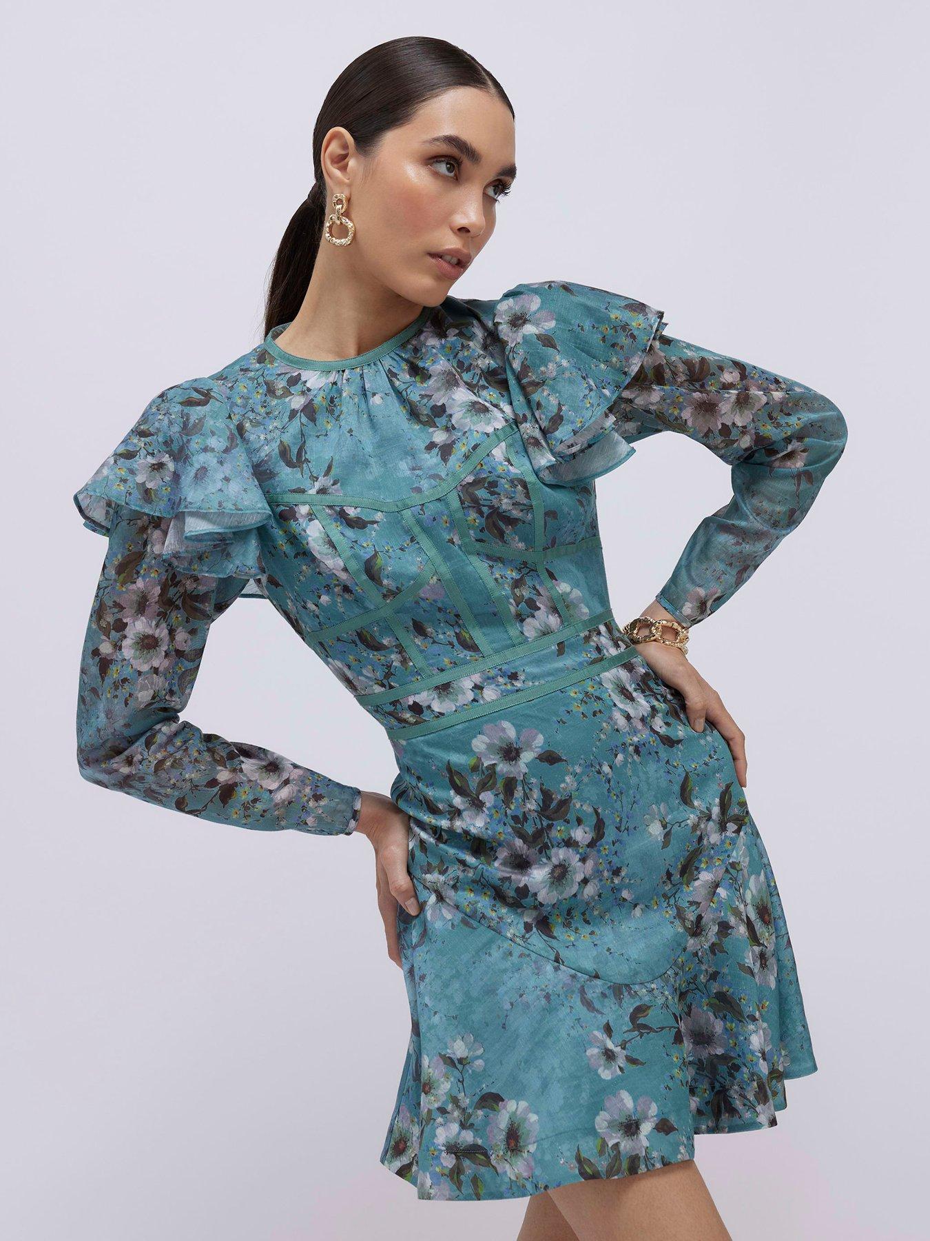 Image 1 of 4 of River Island Floral Ruffle Mini Dress - Blue
