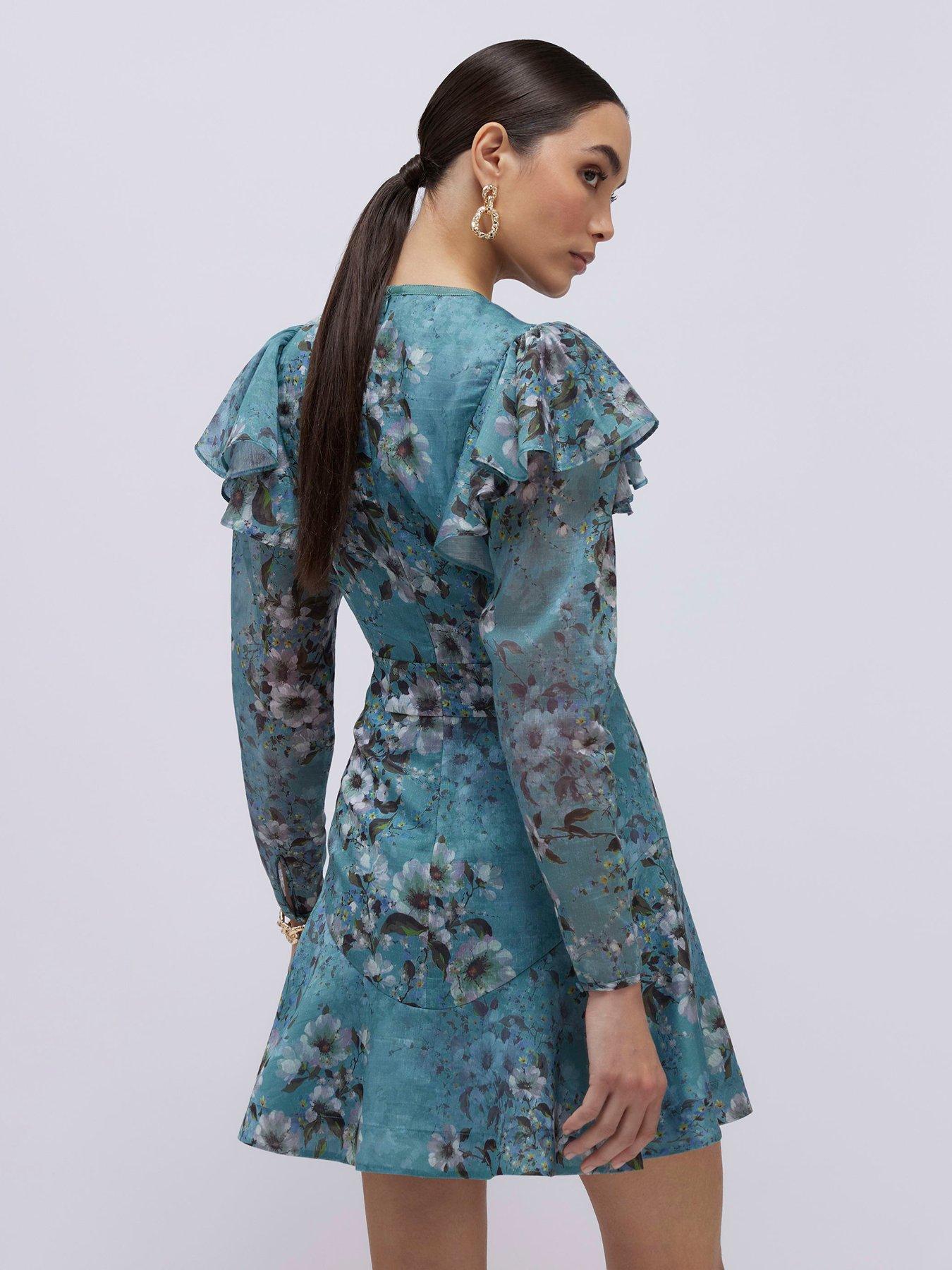 Image 2 of 4 of River Island Floral Ruffle Mini Dress - Blue
