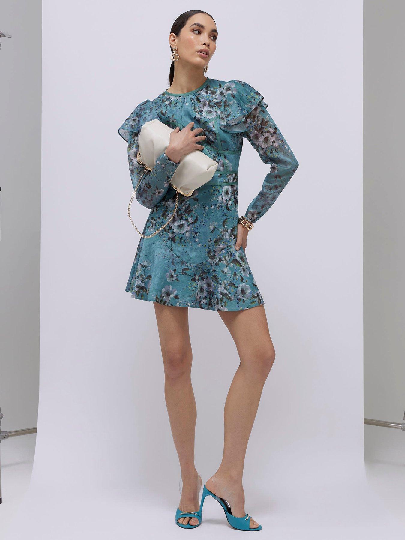 Image 3 of 4 of River Island Floral Ruffle Mini Dress - Blue