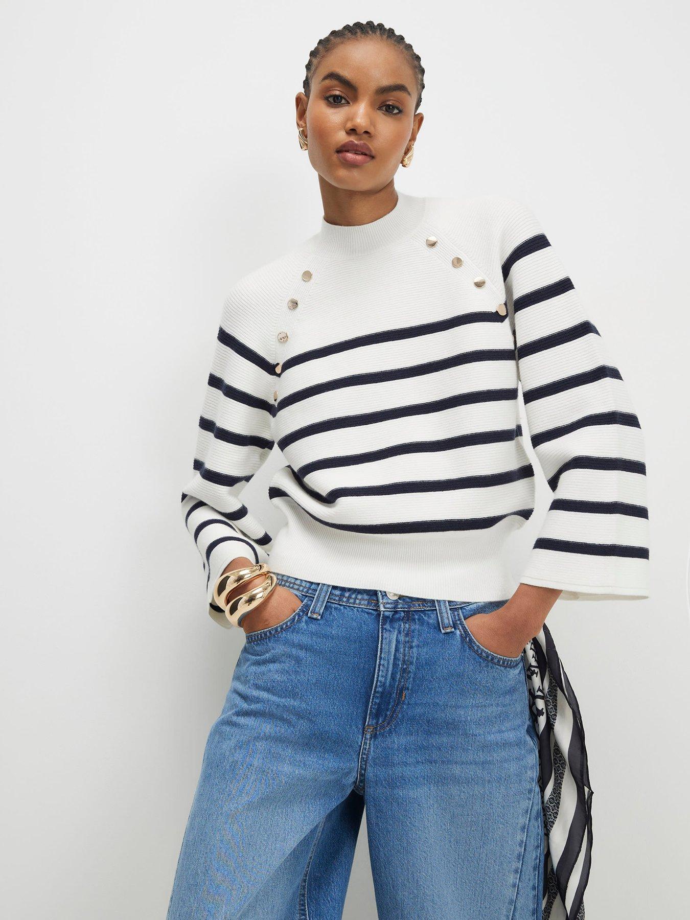 River Island Striped Ribbed Button Jumper - Cream