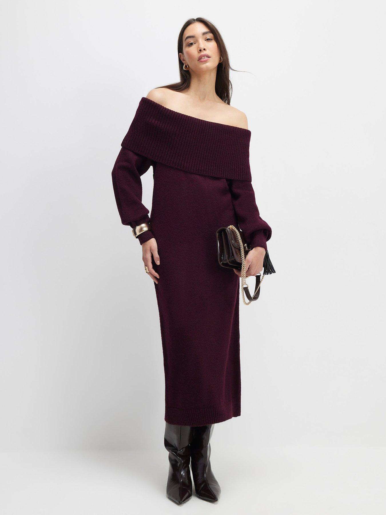 River Island Red Knit Long Sleeve Bardot Midi Dress - Red | Very