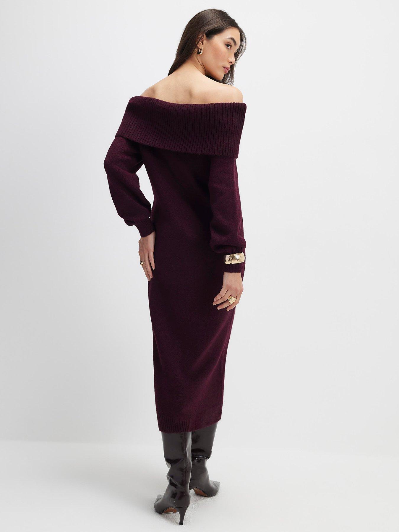 River Island Red Knit Long Sleeve Bardot Midi Dress - Red | Very