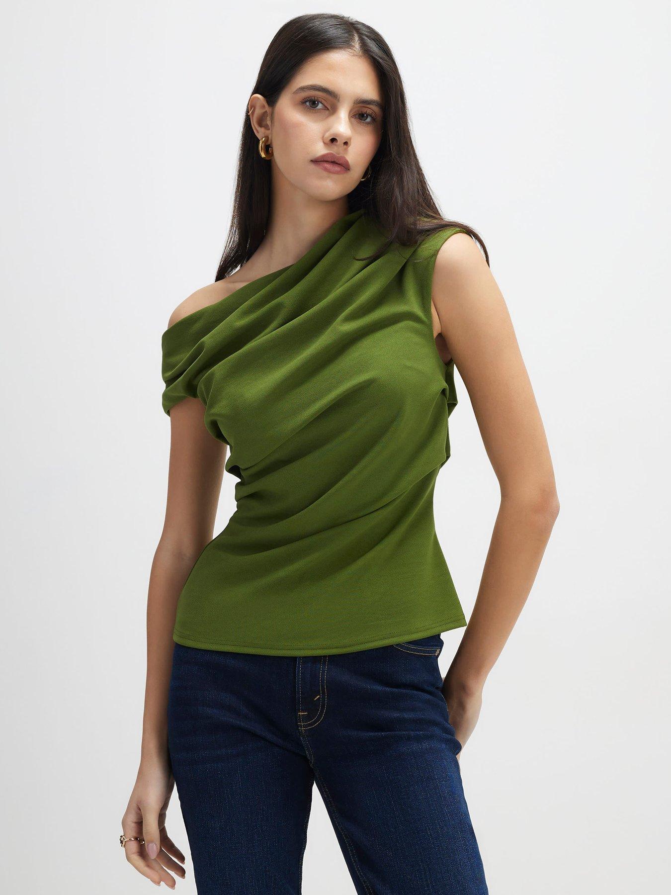 Image 1 of 4 of River Island Short Sleeve Drape Off Shoulder Top