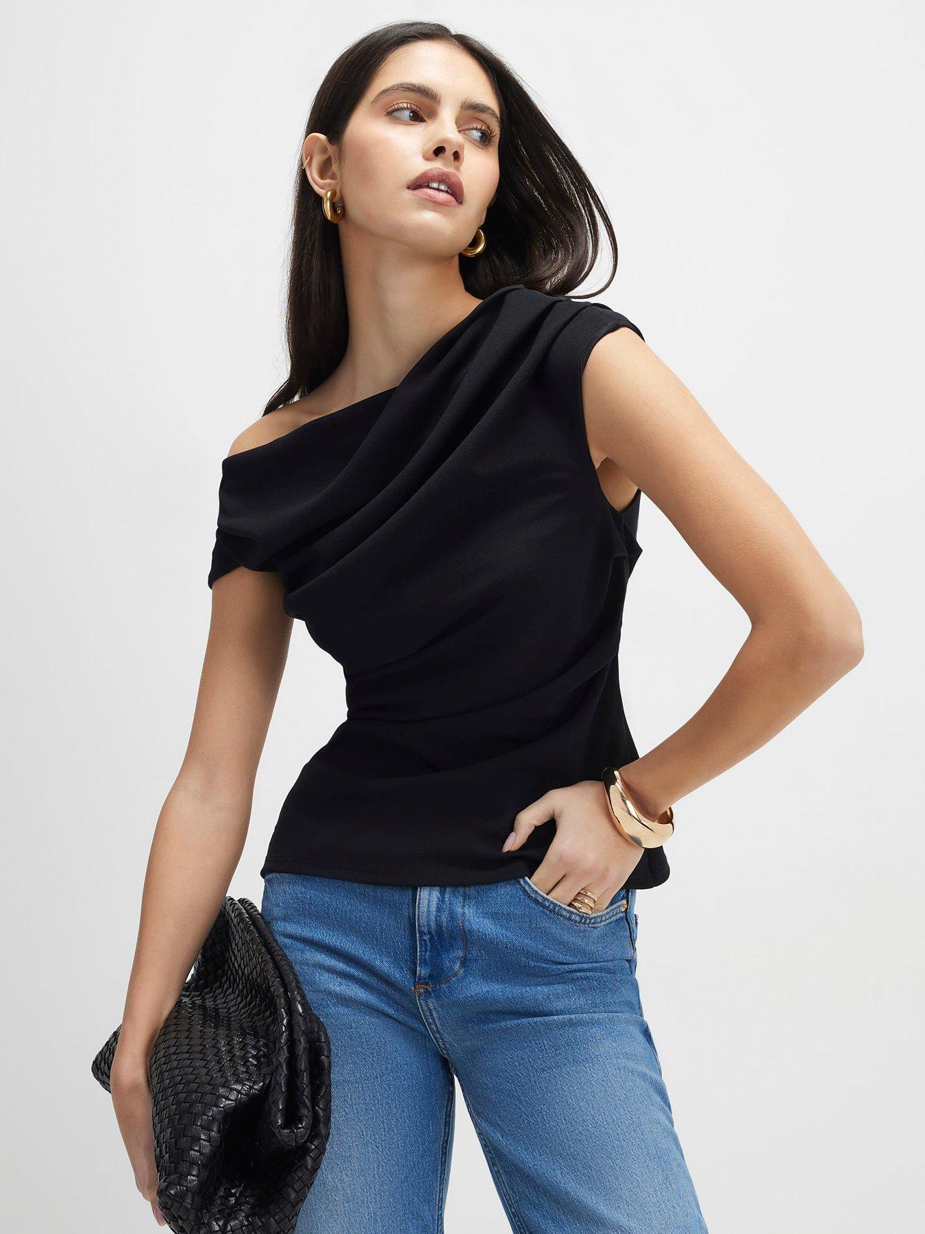 River Island Short Sleeve Drape Off Shoulder Top - Black