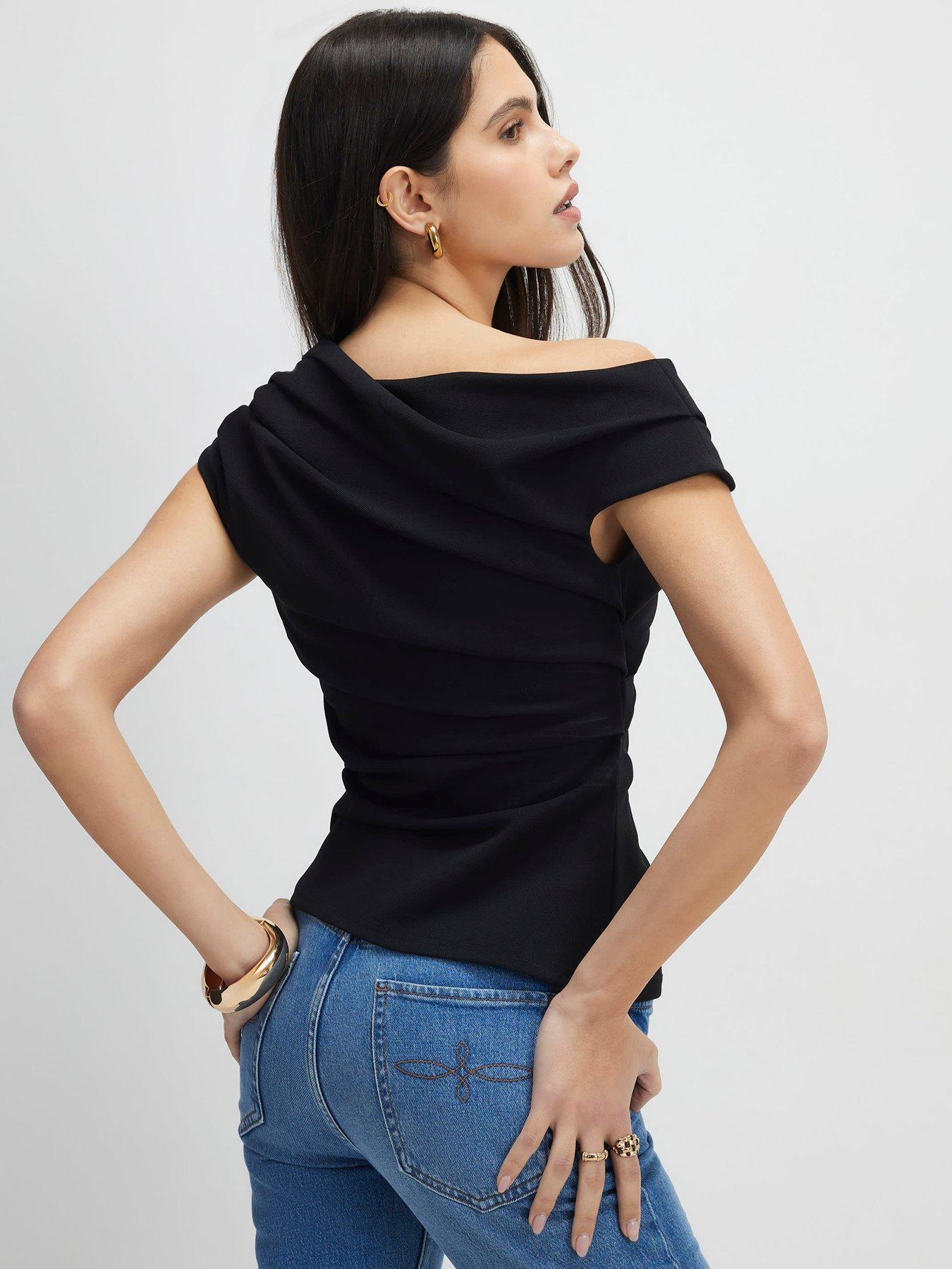 Image 2 of 4 of River Island Short Sleeve Drape Off Shoulder Top - Black