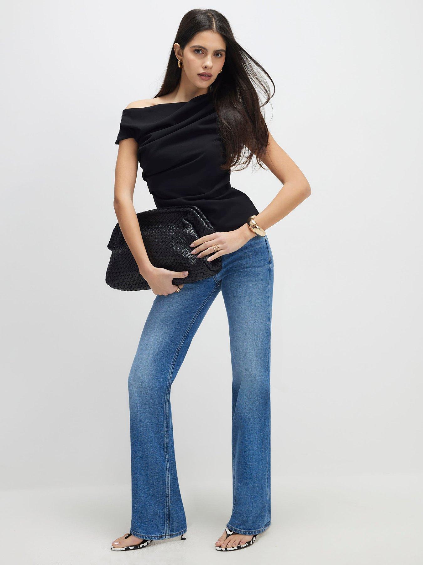 Image 3 of 4 of River Island Short Sleeve Drape Off Shoulder Top - Black