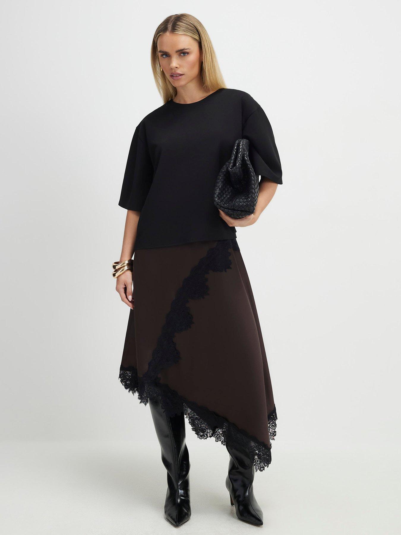 Image 1 of 4 of River Island Petite Lace Hybrid T-shirt Maxi Dress - Brown