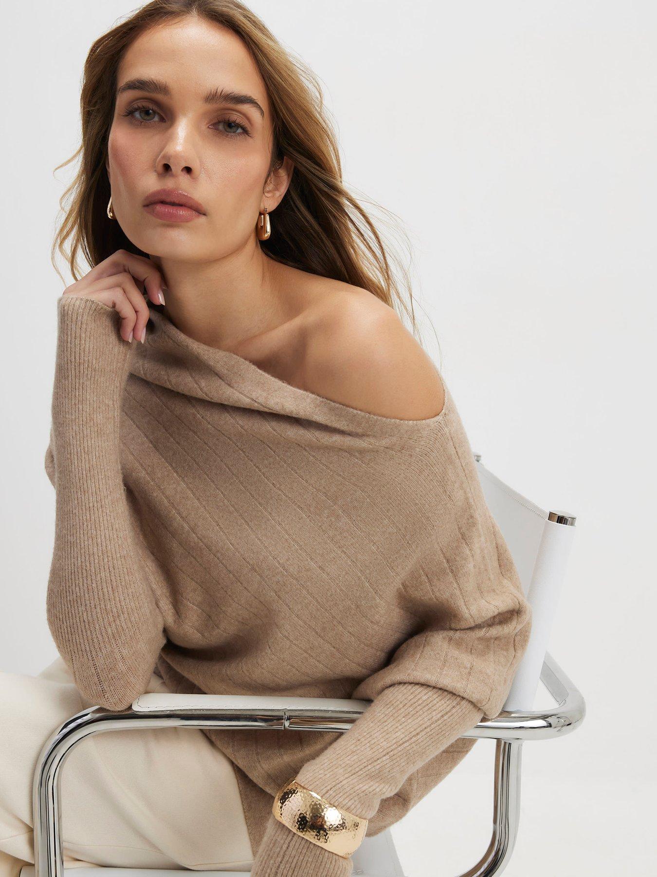 River Island Ribbed Off The Shoulder Jumper - Brown