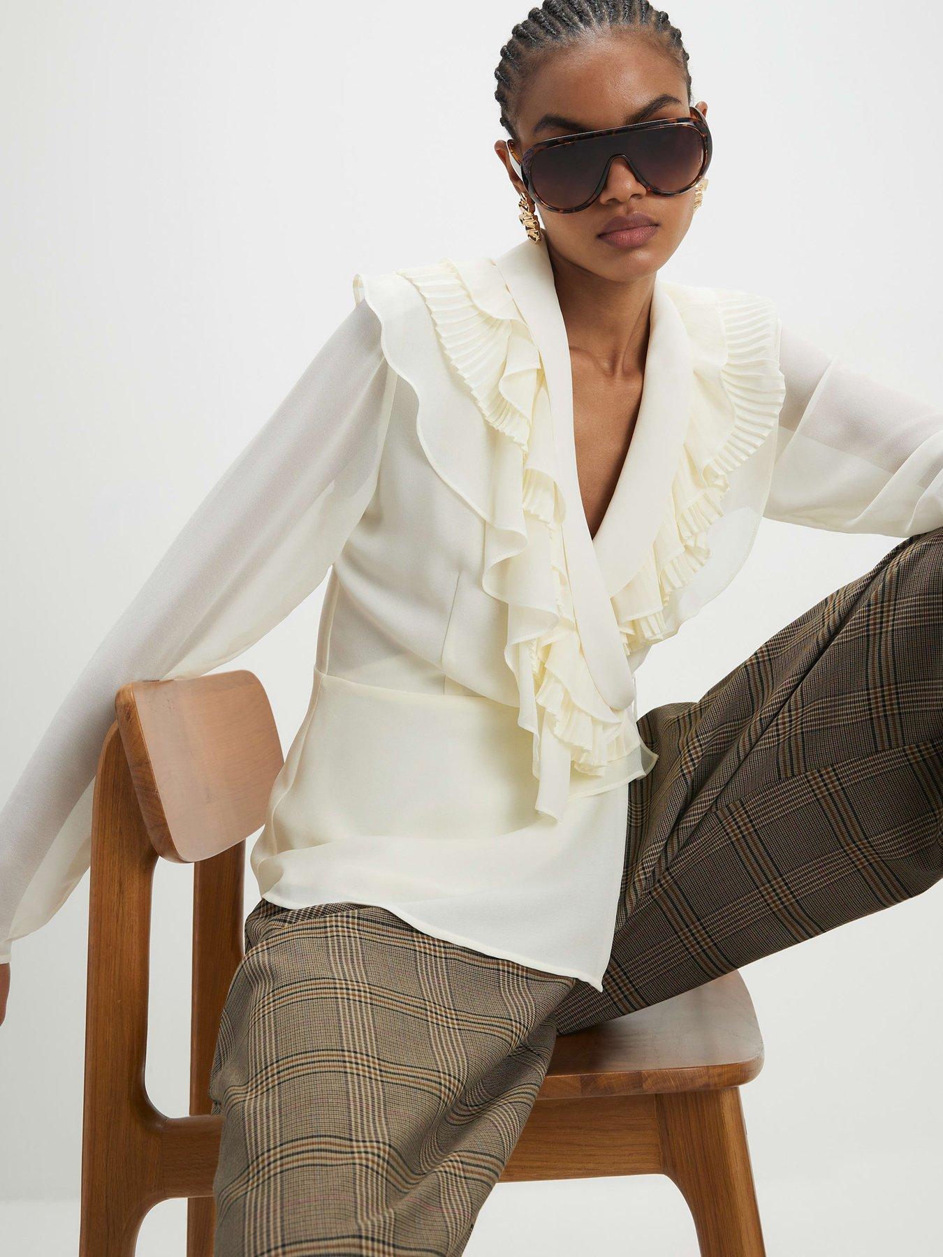 River Island Long Sleeve Wrap Ruffle Blouse - Cream