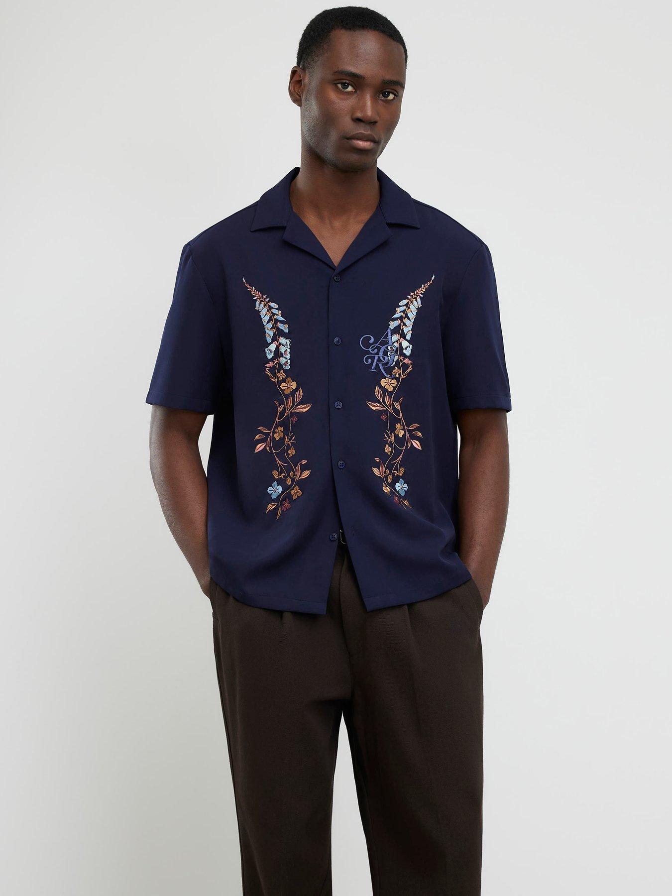 River Island Regular Fit Floral Embroidered Shirt, Blue, Size S, Men